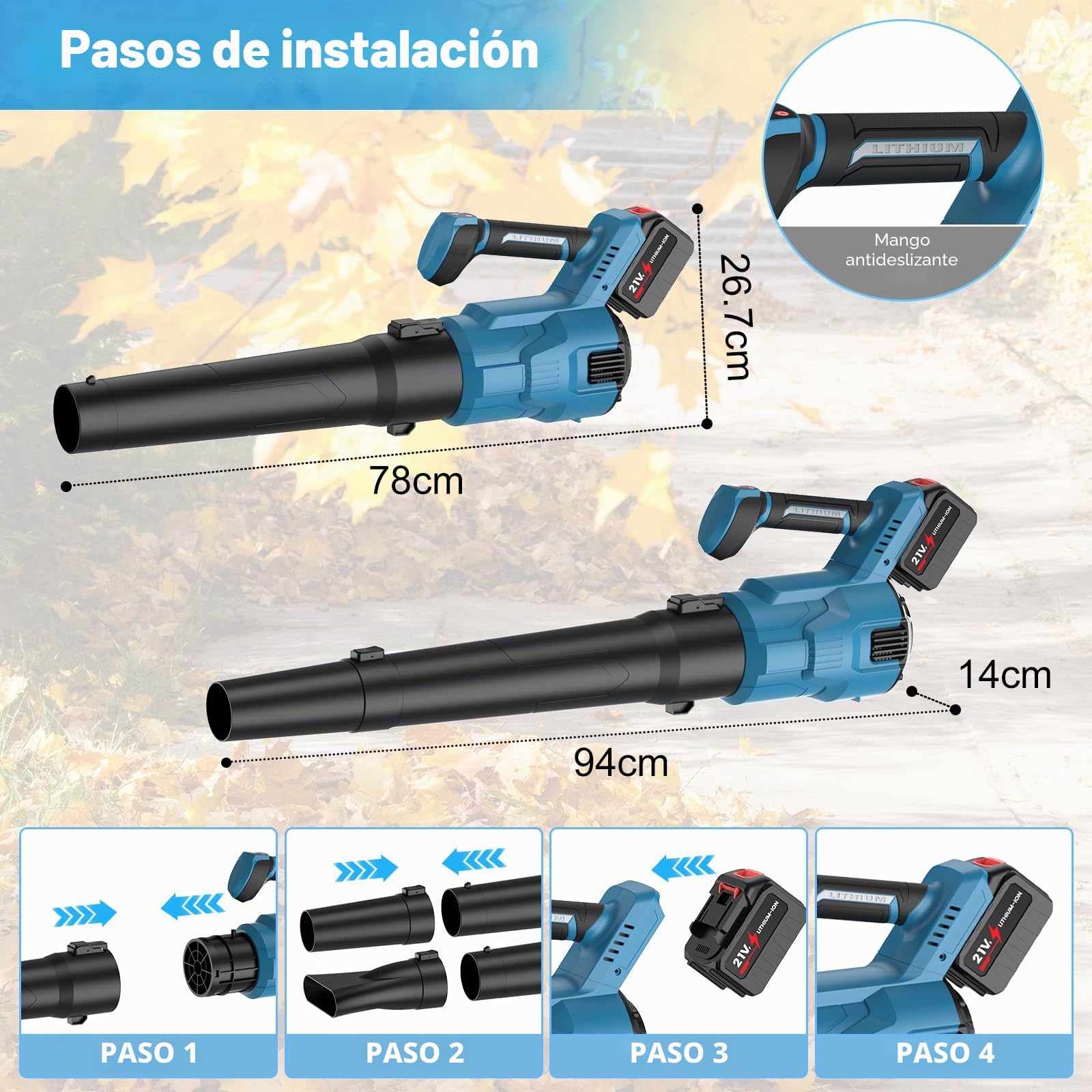 Soplador de Hojas 21V, Soplador de Hojas Batería 2×4.5Ah, 3 Velocidades, Velocidad Máxima del Viento 240KM/H, 19300 RPM Motor sin Escobillas, para Eliminar Nieve y Polvo