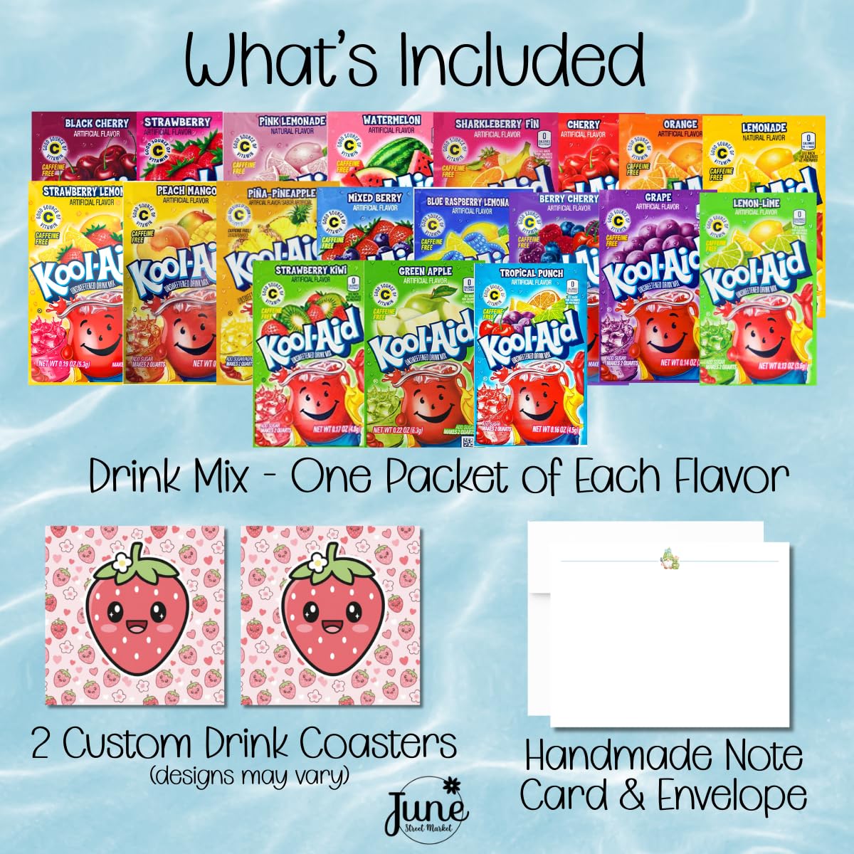 June Street Market Assorted Drink Mix Gift Box - 19 Flavors, Unsweetened Packets with Coasters and Blank Note Card for Easy Gifting Care Package