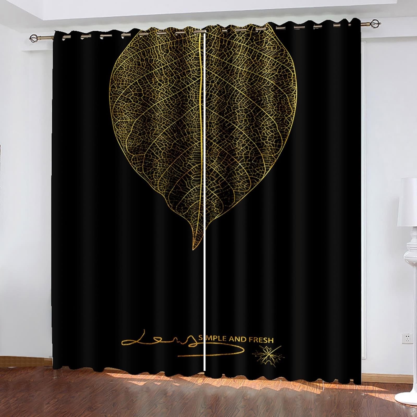 Wycian Vorhang Kurz Blätter Schwarze Gardinen Gold 2 Er Polyester Blattgold H183 X B137Cm für Schlafzimmer