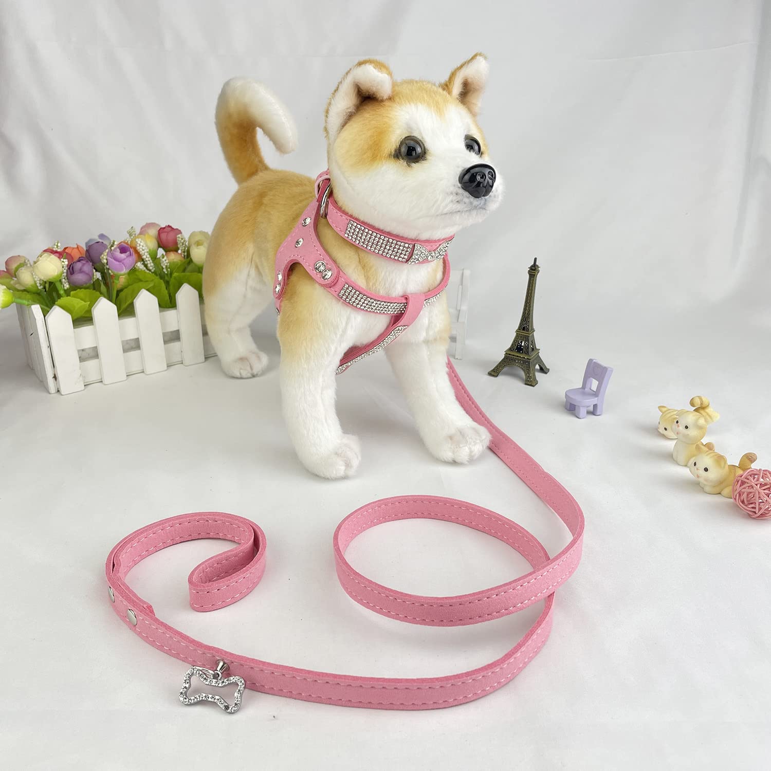 Newtensina Hundeset Mit Fliege – Halsband, Geschirr & Leine (120 Cm), Verstellbar, Mit Strass, Rosa, Größe M