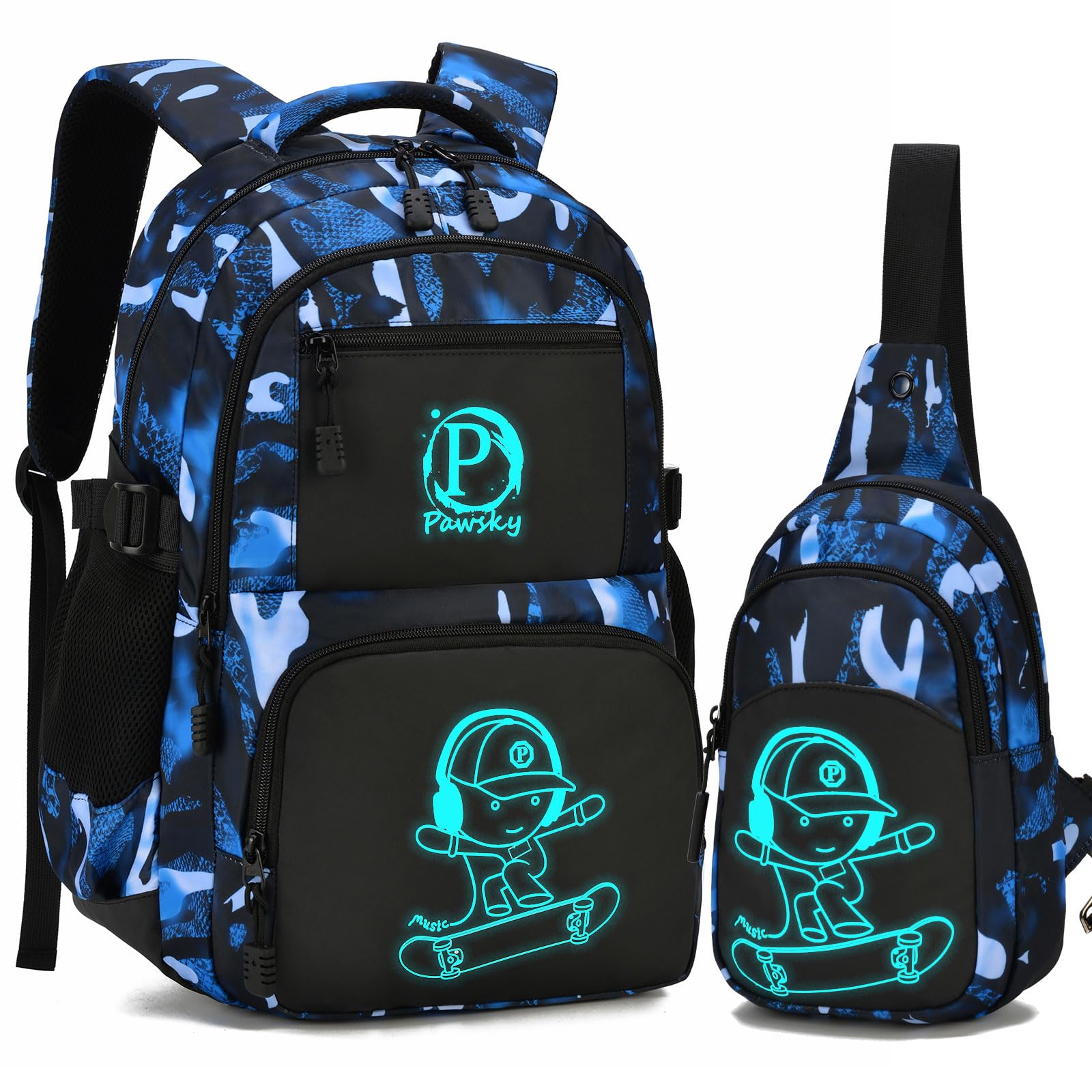 Pawsky School Backpack for Boys, Waterproof Laptop Backpack with USB Charging Port, Anime Cartoon Luminous Backpack Lightweight Kids Bookbag for Teen