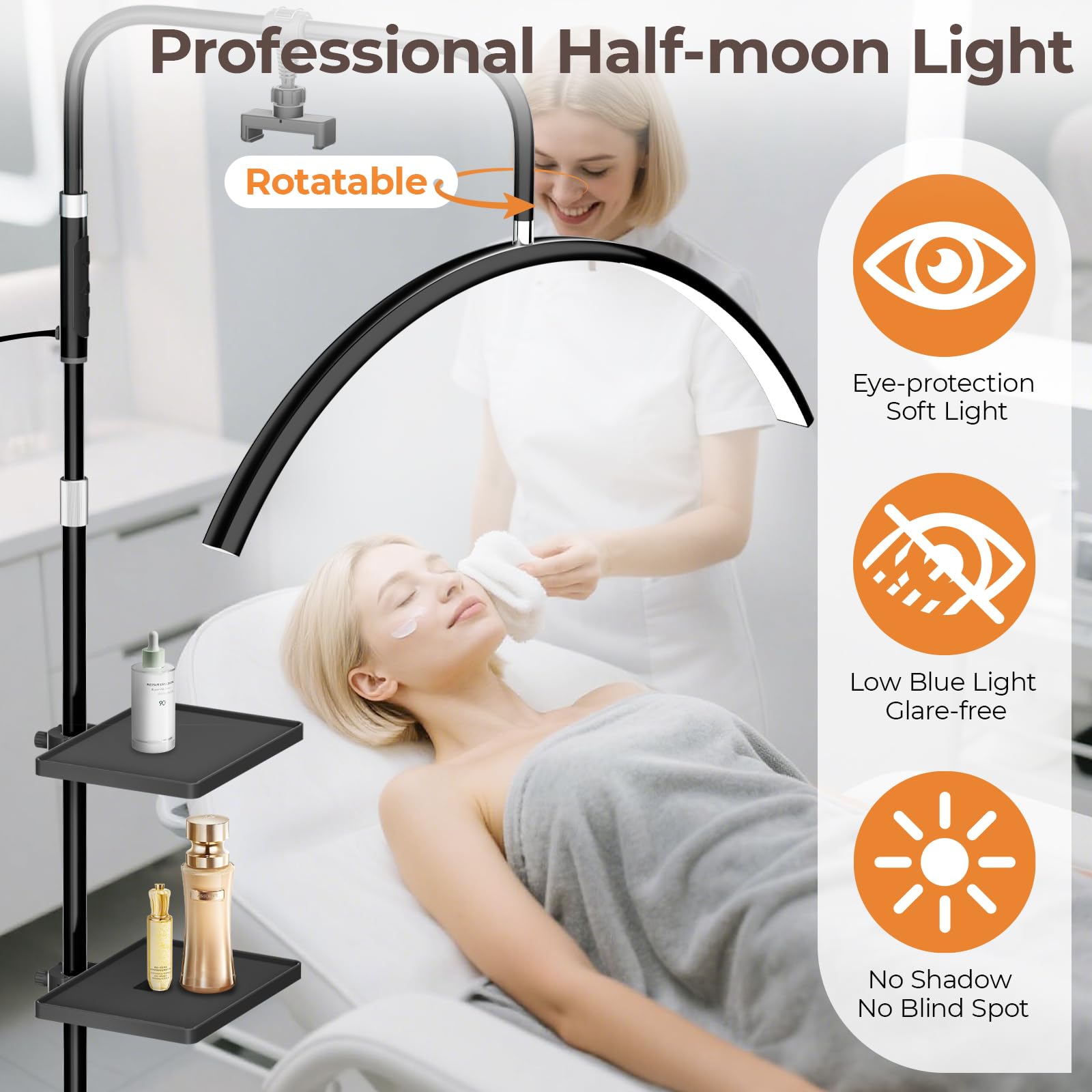 young master Halbmond Wimpernlicht, 24W 1500LM Dimmbar LED Stehlampe mit verstellbarer Höhe von Lash Techs, Tattoo und Nagelkünstler, 4 Farbmodi für Telefonhalter und 2 Tabletts