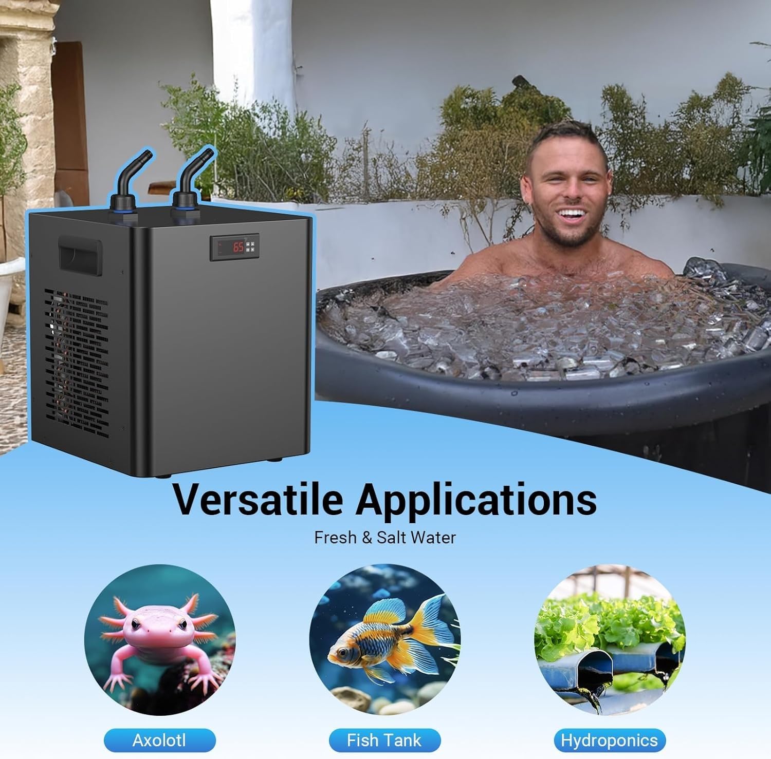 Refroidisseur D'aquarium 42/79/132 Gallons (160-500 L), Refroidissement Rapide, Compresseur Silencieux, Idéal Pour Axolotls, Méduses Et Récifs Coralliens, Avec Pompe à Eau(300L-Fish Tank+BathTub)