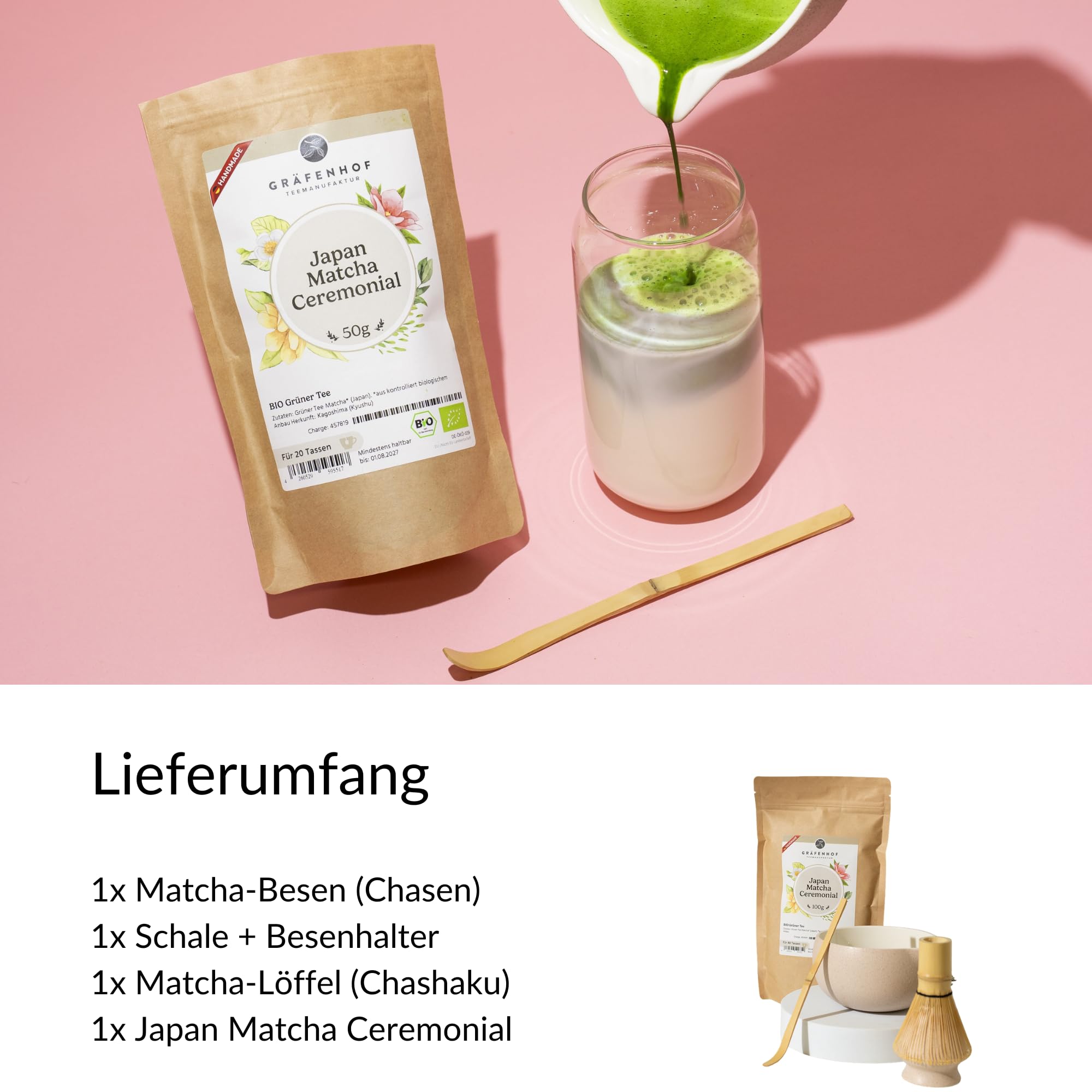 100% BIO Matcha Set mit Pulver I 6-teiliges Set & Zubehör I Schale mit Ausgießer in Keramik I Matcha Probierset I Tee Geschenk für Kenner & Einsteiger von Gräfenhof.