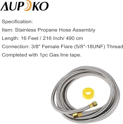 Miniatura 3 de Aupoko Manguera de extensión de acero inoxidable de propano de 16 pies con accesorios hembra de 38 pulgadas, se adapta a RV, parrilla de gas,