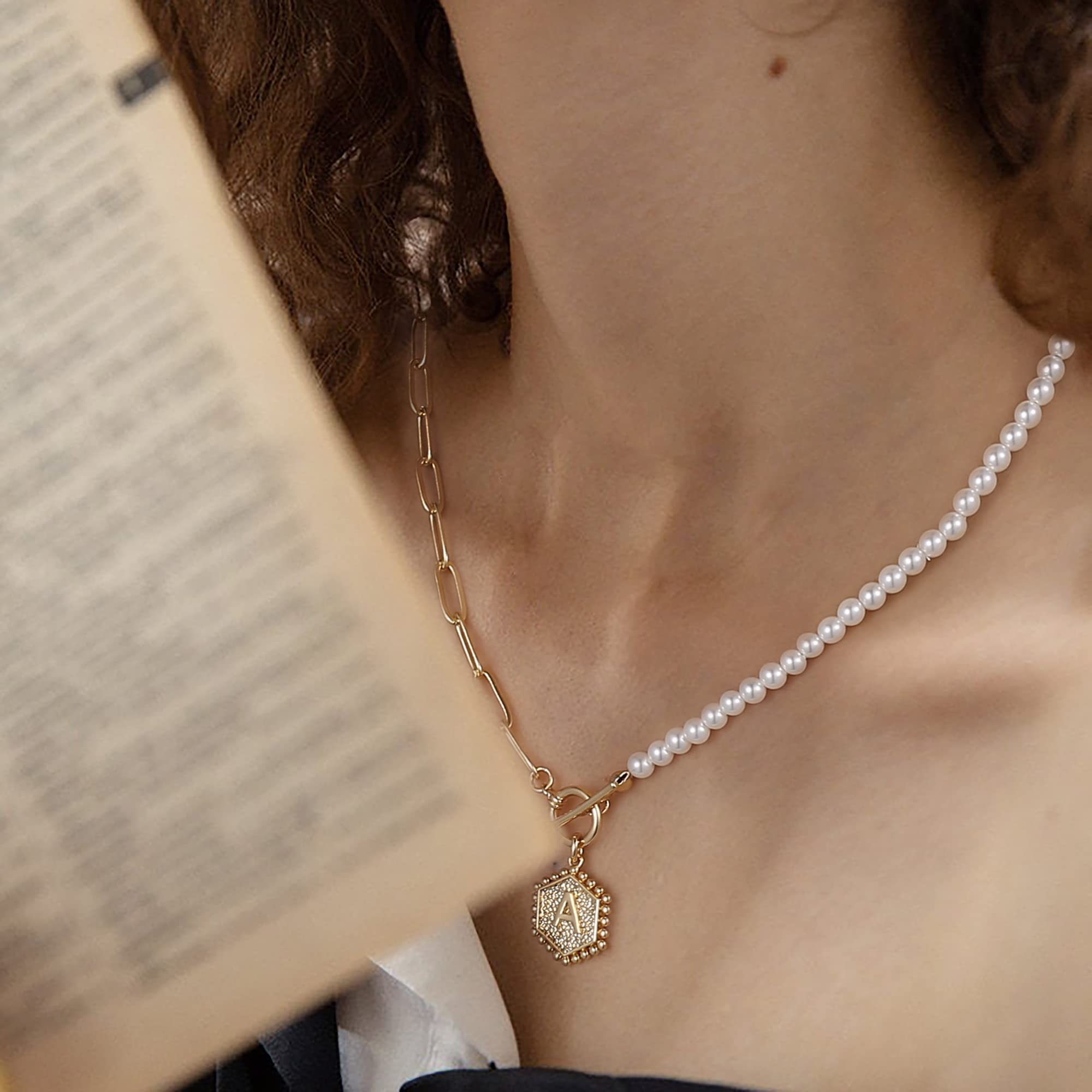 Dainty Gold Pearl Initial Necklaces for Women, 14k Gold Plated Letter Initial Necklaces for Women Trendy Dainty Paperclip Chain Toggle Clasp Hexagon Pendant Pearl Choker Necklace for Women Jewelry Gifts