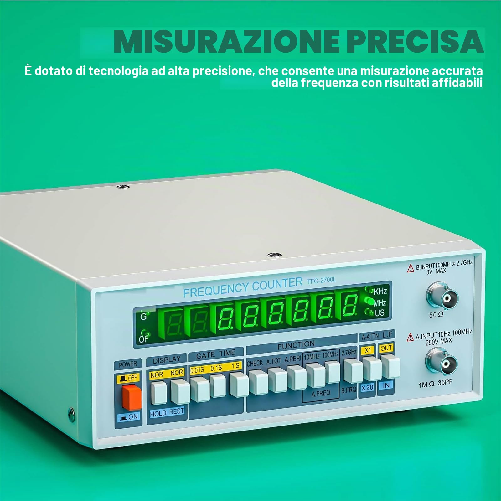 Contatore di Frequenza Ad Alta Precisione, Frequenzimetro Digitale Multifunzione, Elevata Stabilità, Display a LED a 8 Cifre, TFC2700L, per Laboratorio E Manutenzione di Apparecchiature