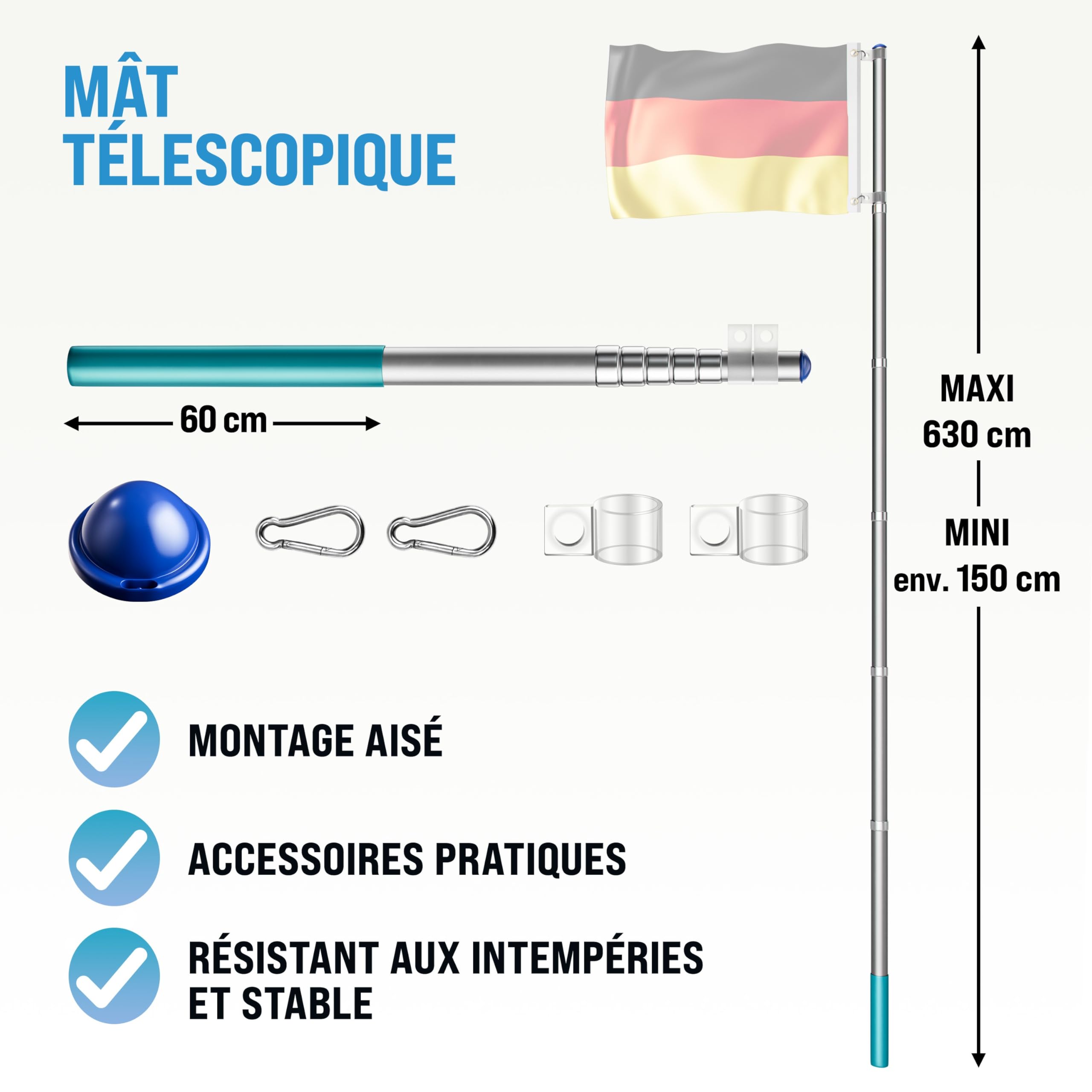 MONZANA® Mât de drapeau télescopique aluminium 6,3m douille de sol 60cm réglable hauteur jardin hampe national