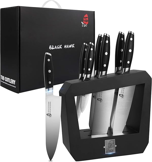 TUO Kitchen Knife Set with Wooden Block Knife Block Sets 7 Piece Professional Chef Knife Set German High Carbon Stainless Steel Kitchen Knife Set-Black Hawk Series