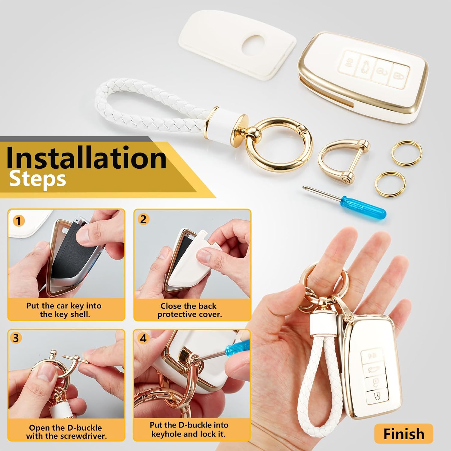 for Lexus Key Fob Cover with Metal Braided Keychain, Upgraded Soft Case for GS GS-F ES IS IS-F RC RC-F NX LX570 RX350/450h (4 buttons) Key Fob Shell (Gold Edge, A1) - Image 7