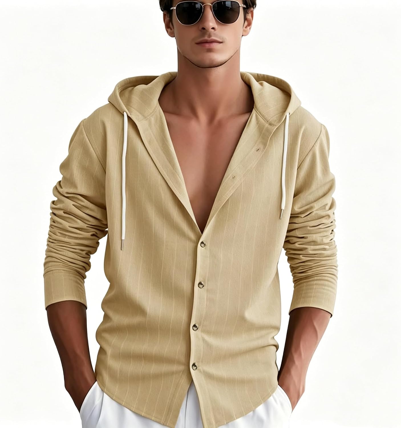 Men's Striped Hooded Button Down Shirts Long Sleeve Casual Drawstring Hoodie Shirt Lightweight Beach Shacket Jacket