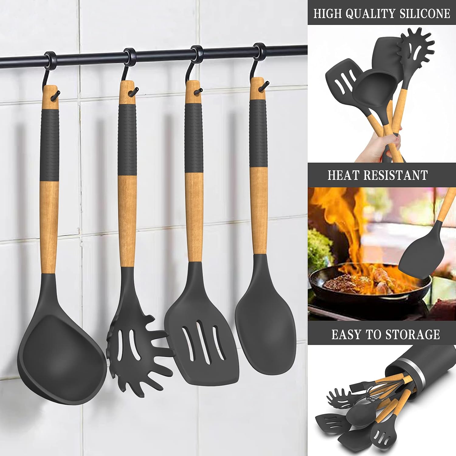 33 PCS Silicone Kitchen Utensils Set, Umite Chef Heat Resistant Cooking Utensils Set With Holder, Wooden Handle Kitchen Gadgets Tools Spatula Set for Nonstick Cookware(BPA Free & Grey): Kitchen & Dining