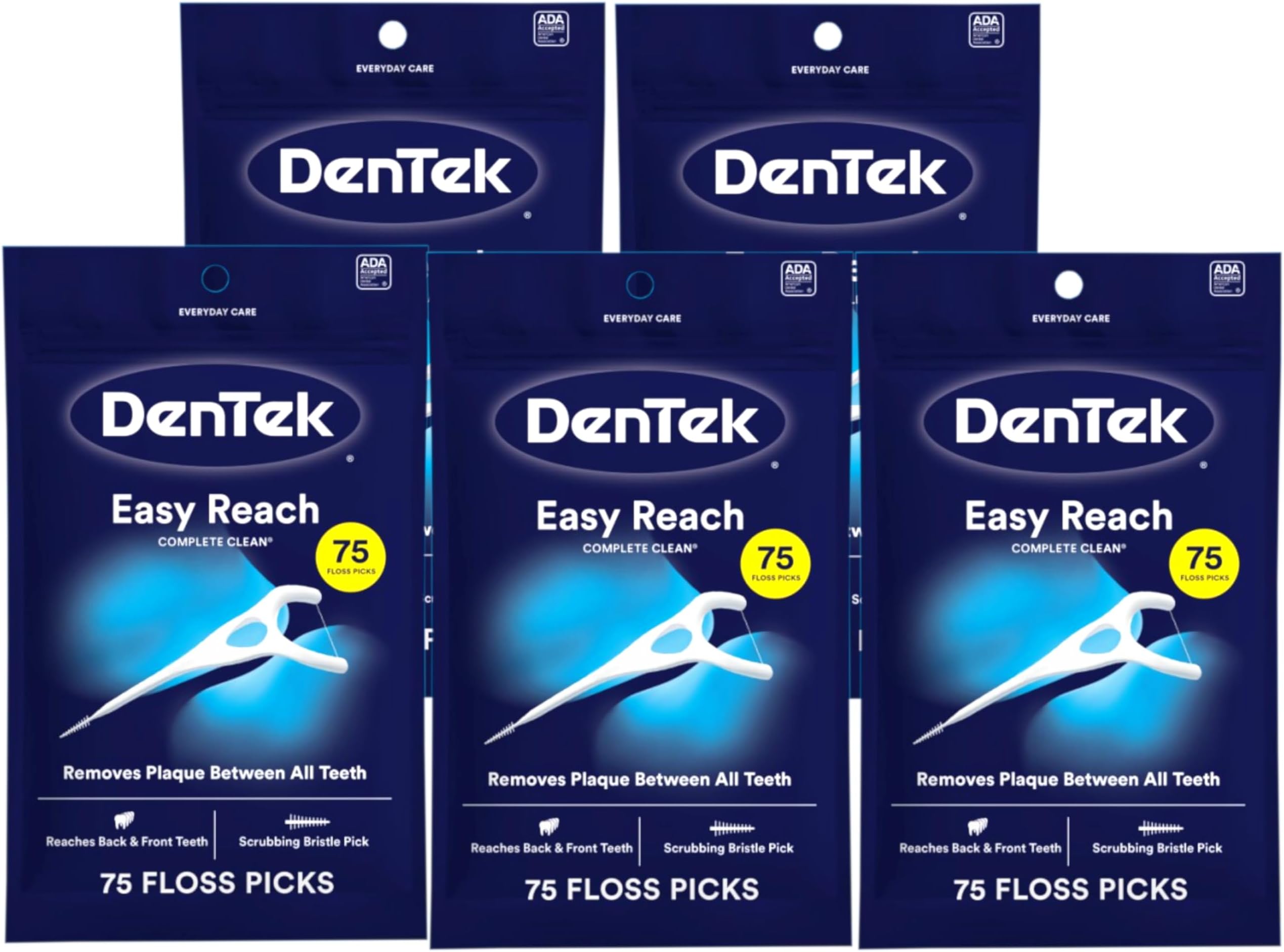 DenTek Complete Clean | Easy Reach Angled Floss Picks | No Break & No Shred Floss | Designed for Hard to Reach Molars | Y-Shaped Pick | 75 Count in Each (Pack of 5)