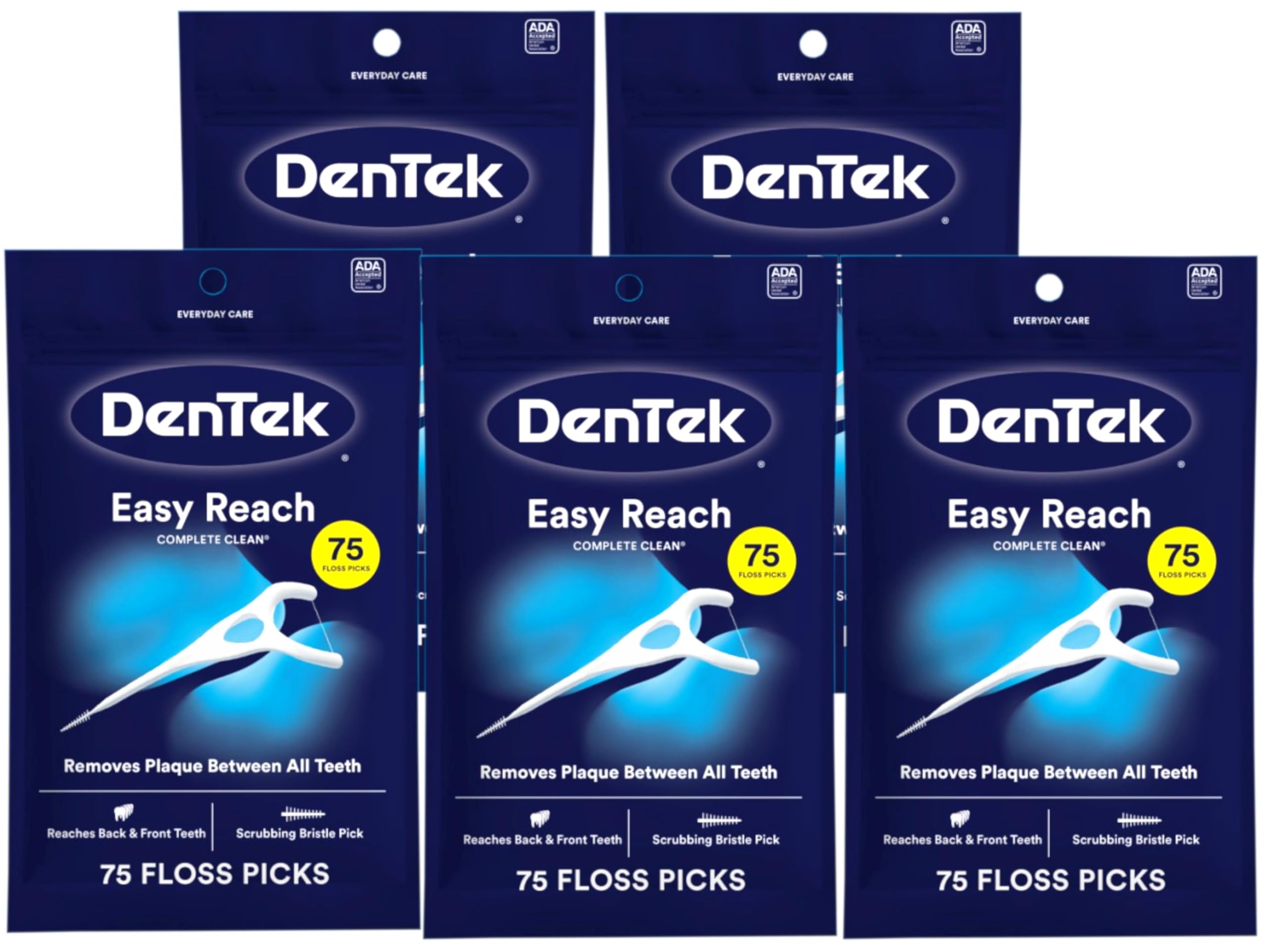 Complete Clean | Easy Reach Angled Floss Picks | No Break & No Shred Floss | Designed for Hard to Reach Molars | Y-Shaped Pick | 75 Count in Each (Pack of 5)