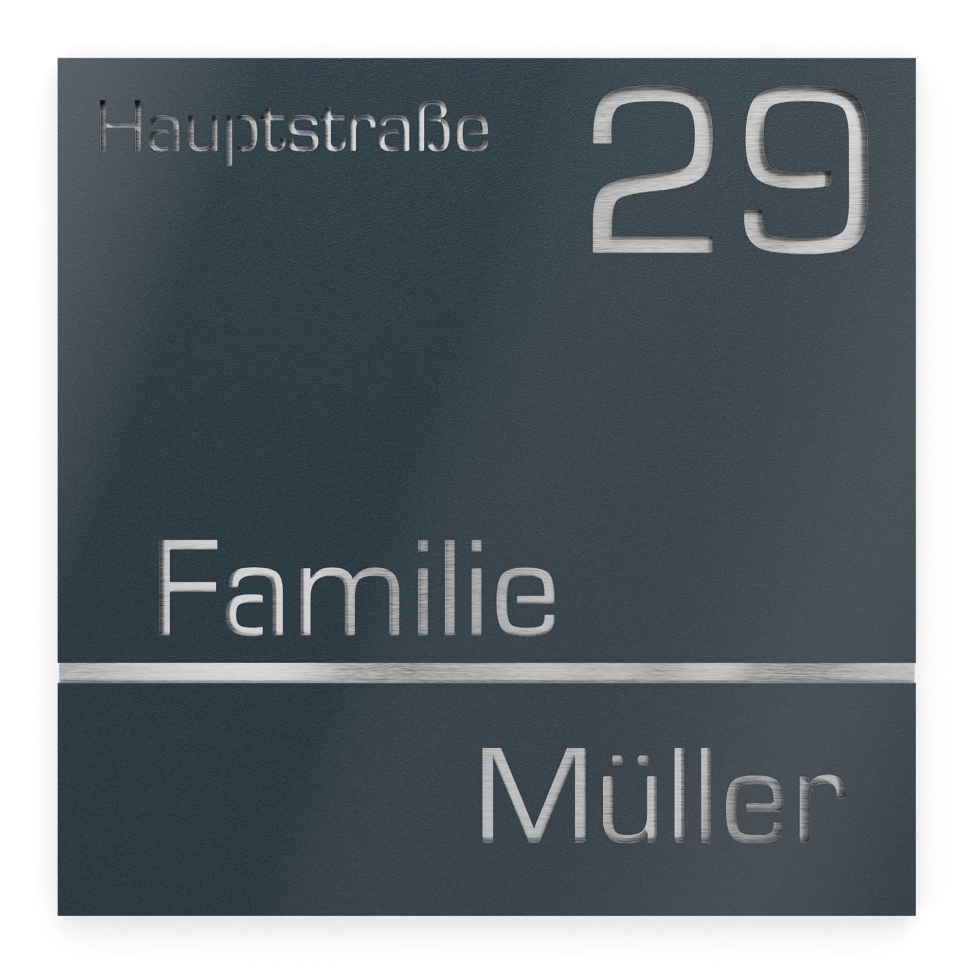 Hausnummer aus V2A Edelstahl 380x380mm - Anthrazit RAL 7016 - Wetterfest Rostfrei Individuell anpassbar Straße Nummer Familienname - Made in Germany