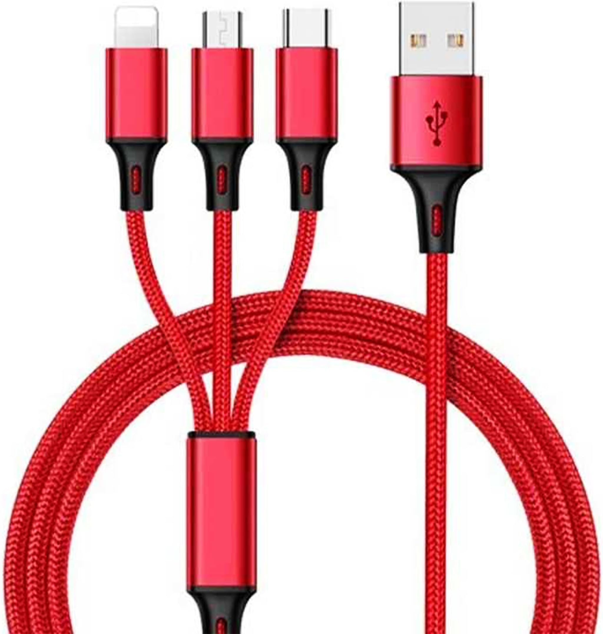 USB Type C Charging Cable 3 in-1 Fast Charging cable for Car with Multiple Charging Ports Length, Type C and USB A Connectors for iPhone, Samsung, Laptop, iPad, (Red Color)
