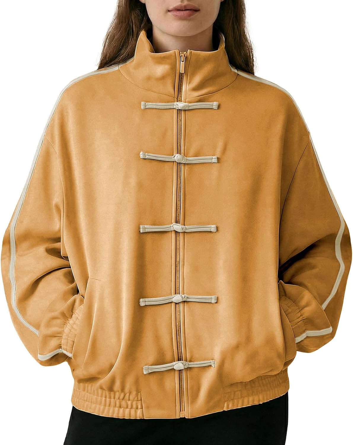 Women Faux Suede Jacket Chinese Style Coat Casual Zip Up Jackets Comfy Stand Collar Outerwear Travel Vacation Outfits