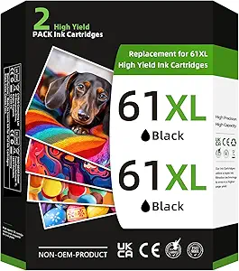 61XL Black Ink Cartridge for HP Ink 61 61XL Black Ink High Yield Printer Ink 61XL Fit for Envy 4500 5530 4502 5535 for Officejet 2620 4630 for DeskJet 1050 1510 2050 2510 2540 3050 Printer (2 Black)