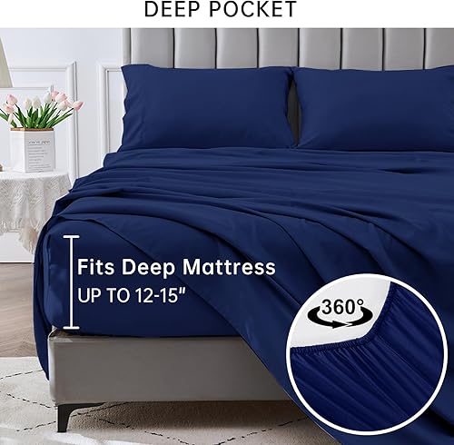 Miniatura 4 de E - Juego de sábanas de 4 piezas, sábanas refrescantes suaves y transpirables de microfibra cepillada, resistente a la decoloración con bolsillo