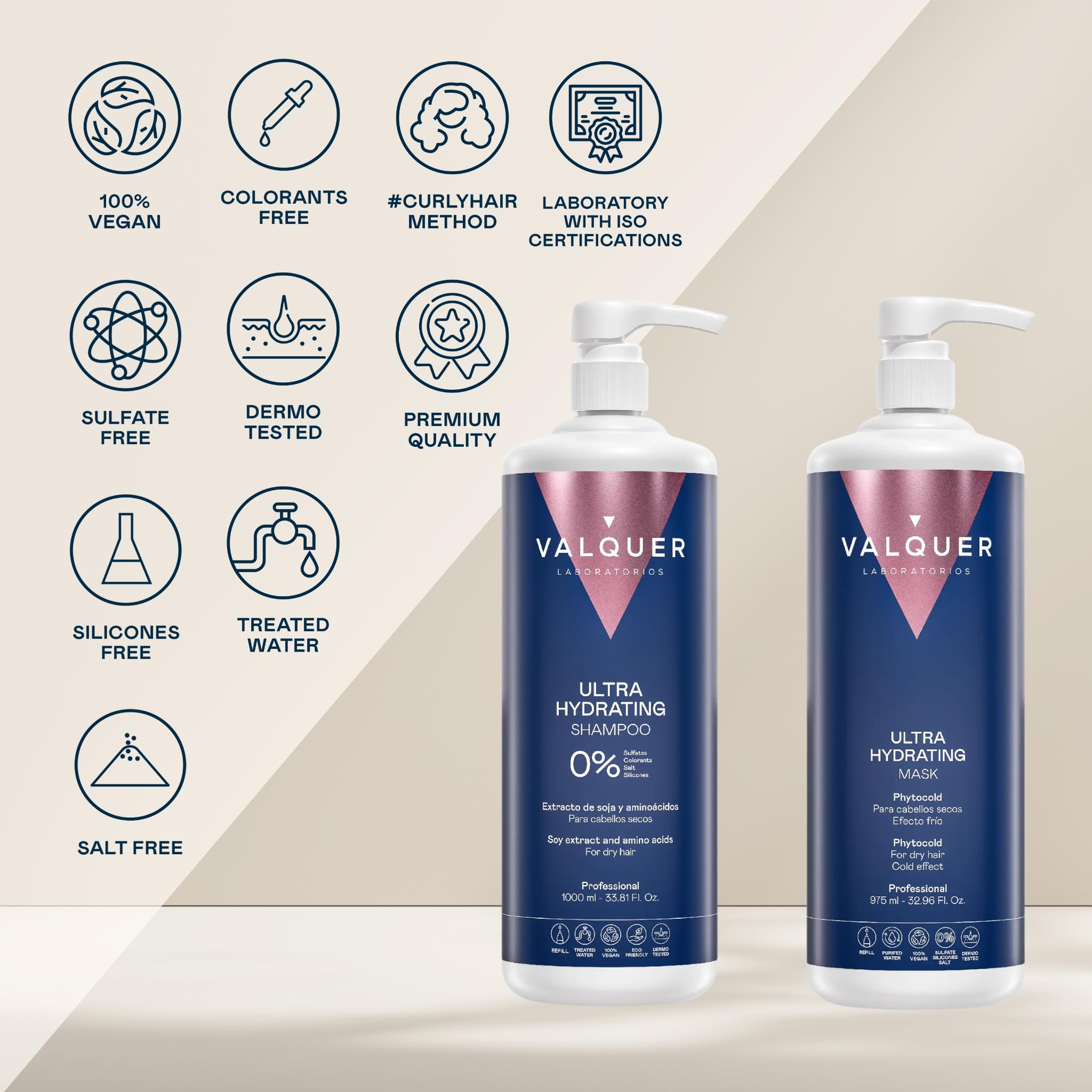 VALQUER Coffret Hydratation Intense Sans Sulfates | Shampooing 1 L et Masque 975 ml | Répare les Cheveux Secs et Abîmés | À l’Extrait de Soja | Vegan | Répare les cheveux abîmés et secs - Apporte brillance et souplesse à l'extrait de soja - Végétalien