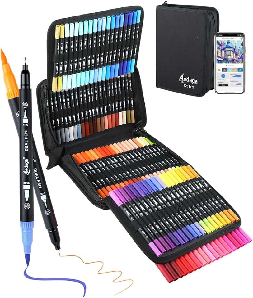 Canetas com ponta dupla numeradas de 120 cores com aplicativo gratuito, canetas finas e com ponta de pincel para adultos, marcadores de colorir para livros de colorir, agenda de anotações