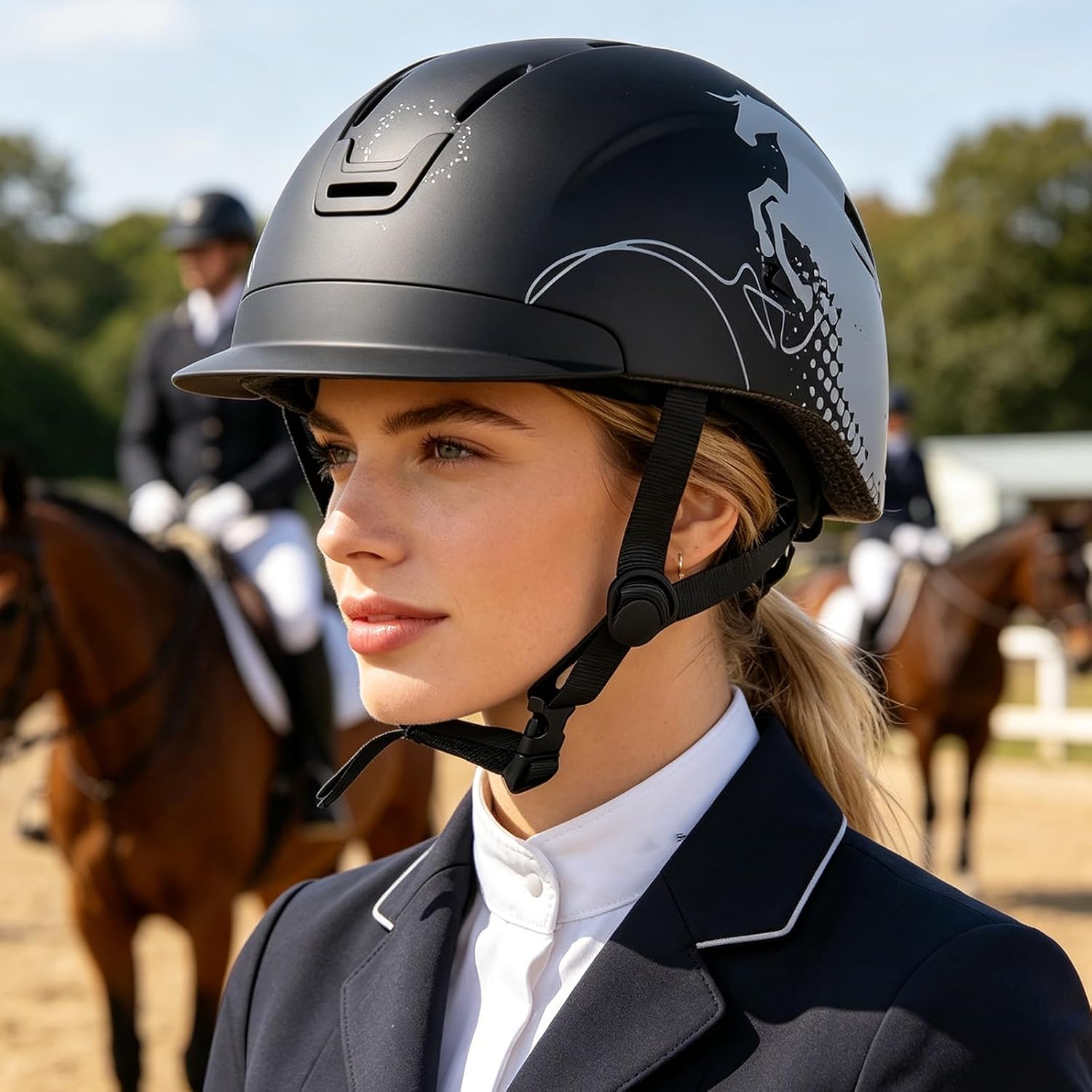 Horseback Riding Cap with Adjustable Chin Strap, Vented Hard Shell and Short Brim for Equestrian Training Wear Horse Riding Black