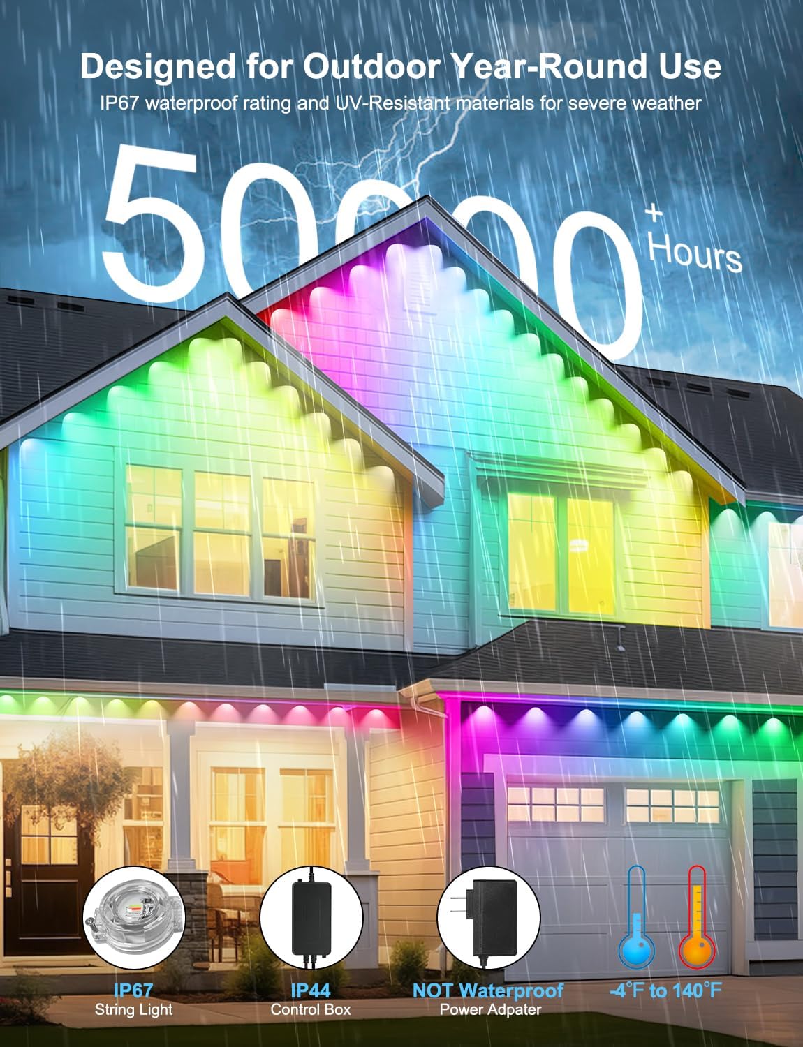 100ft RGB+ IC Permanent Outdoor Lights, Eaves Lights with 50 LED Lights, IP68 Waterproof, Music Sync with Remote Control for Garden Party Decor, Deck, Christmas with Cool White