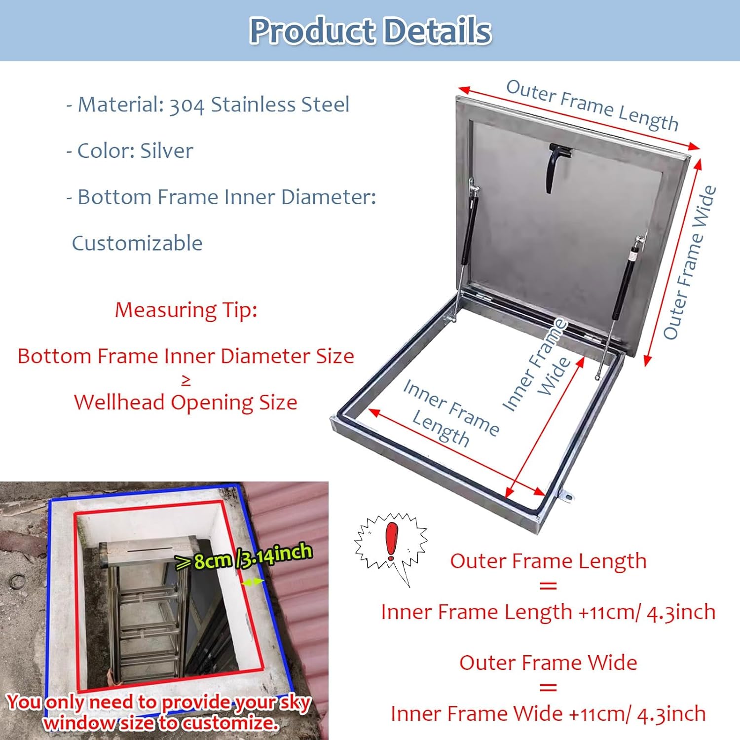 JYHHCYS Roof Access Covers Waterproof - Attic Exit Lid/Roof Skylight Covers with Handle & Rubber Sealing Strip - Commercial Escape Hatch Caps for Warehouses, Industrial(LXW-60x50cm)