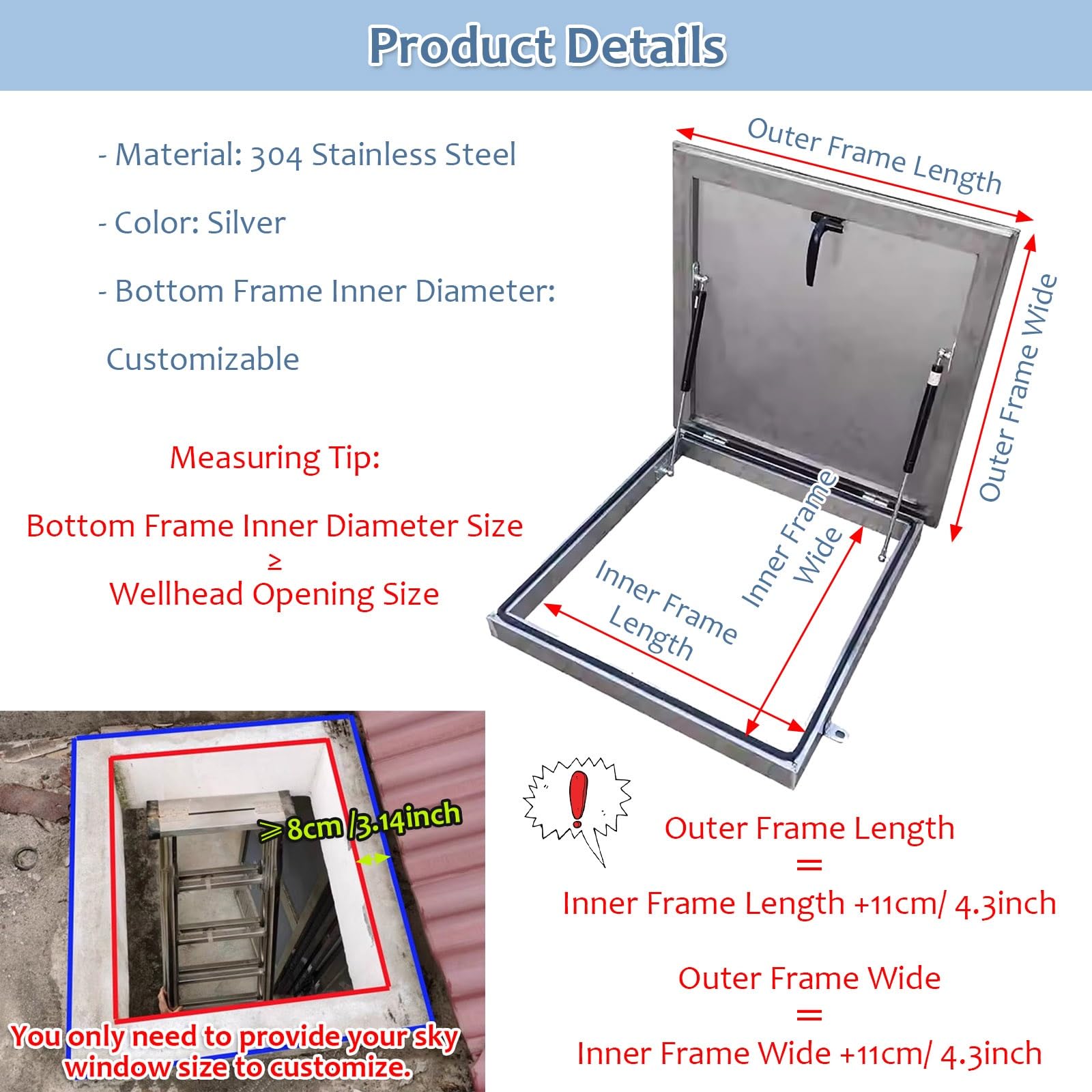 Trappe de Toiture Sol Couvercle de trappe de grenier de 40 36 32 28 22 20 pouces – Couvercle de sortie de toit en acier inoxydable 304, couvercle de lucarne de grenier – Couvercle de puits de fenêtre