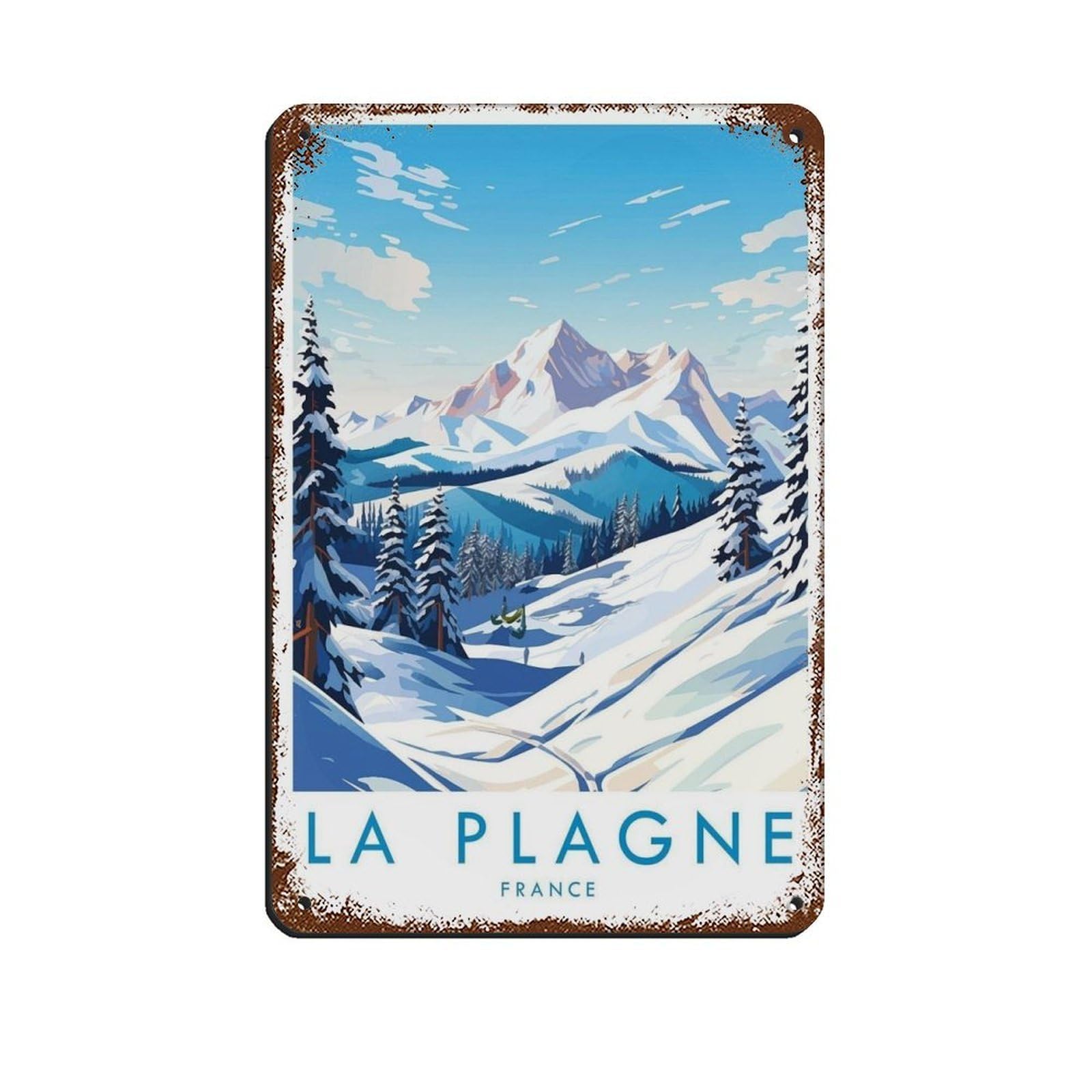 La Plagne Travel Poster, France, Travel Decor Retro Poster Metal Tin Sign Chic Art Retro Iron Painting Bar People Cave Cafe Family Garage Poster Wall Decoration 8x12inch(20x30cm)