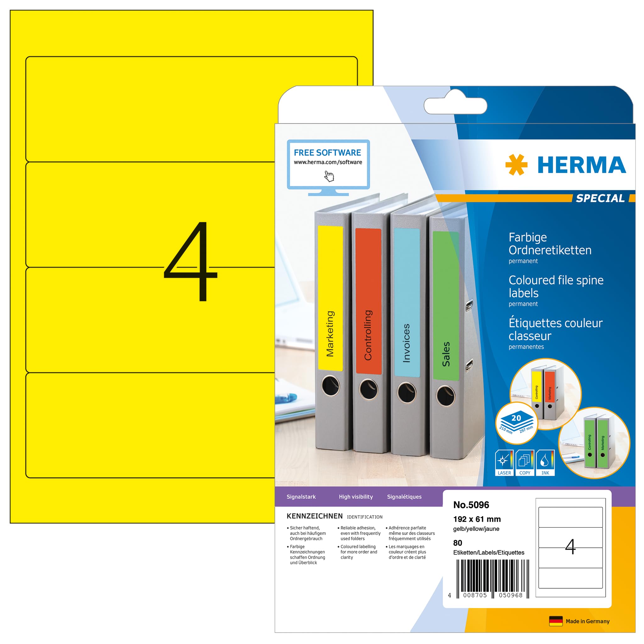 HERMA Self Adhesive Spine Labels, 4 Labels per A4 Sheet, 20 Sheets, 192 x 61 mm, 80 Labels, Blank Lever Arch File Folder Labels Stickers, Sticky Labels for Laser & Inkjet Printer, Yellow