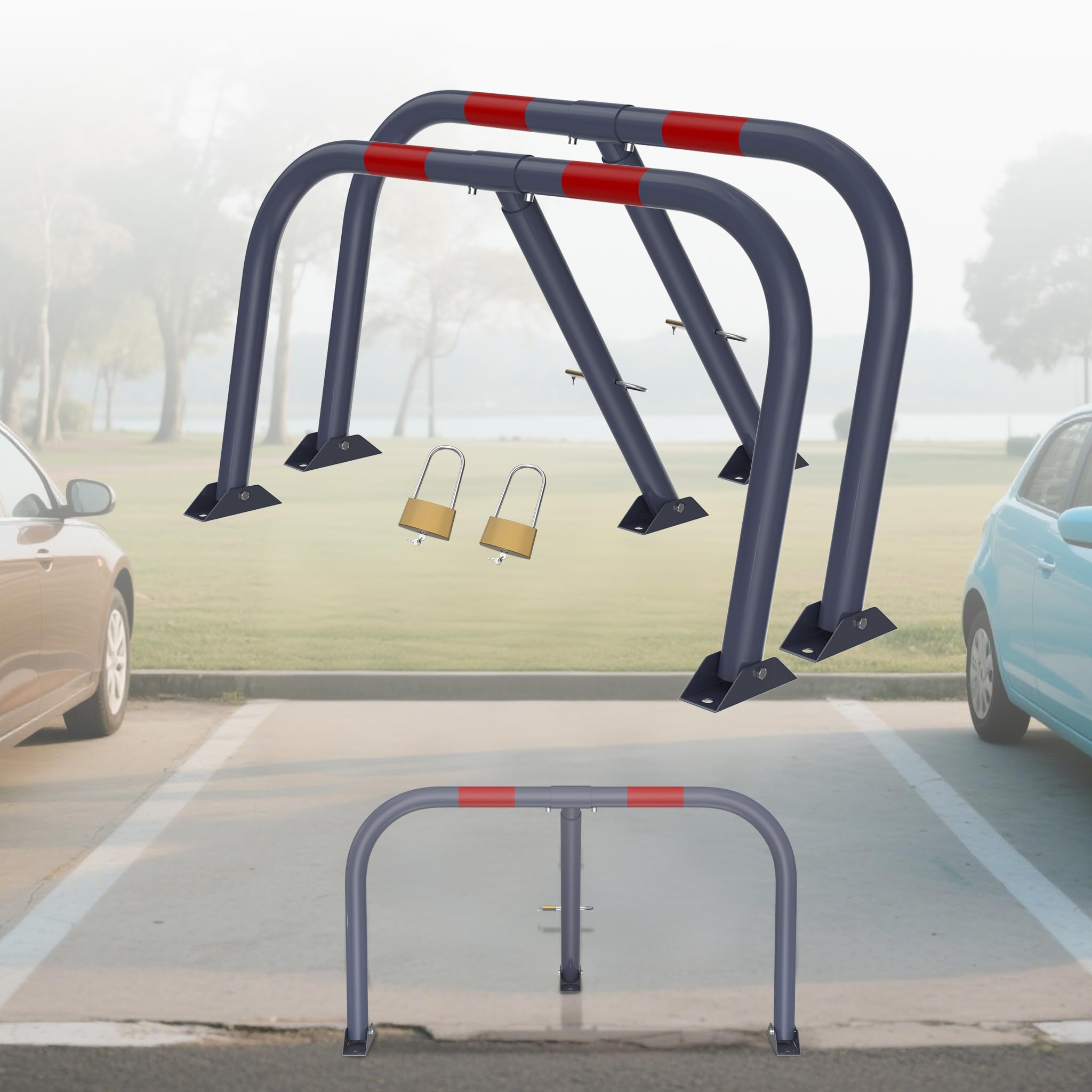 UISEBRT Blocco parcheggio pieghevole in acciaio zincato a freddo, tubo Ø 35 mm, piastra in acciaio da 2,5 mm, blocco parcheggio con serratura e 3 chiavi, pali per parcheggio privato, set da 2 pezzi