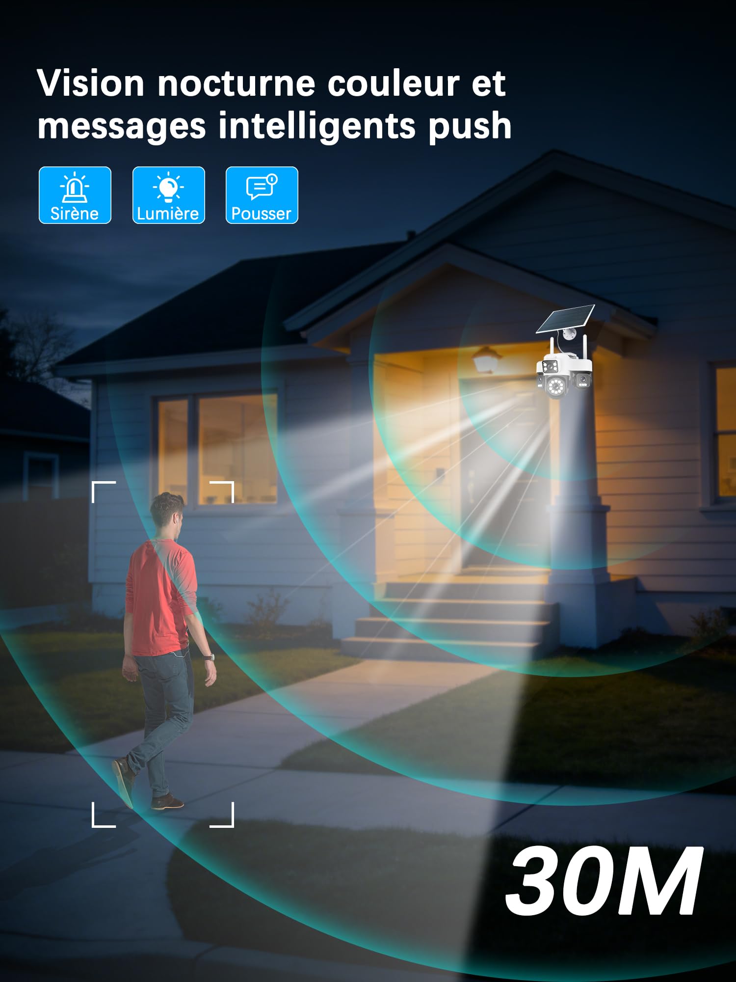12MP Camera Surveillance WiFi Exterieure sans Fil,AOV 24/7,Quatre objectifs/Camera Solaire/Batterie,Suivi Automatique,360° PTZ,Vision Vocturne,Audio Bidirectionnel,PIR Sirène,étanche,2.4/5G WIFI,IP66