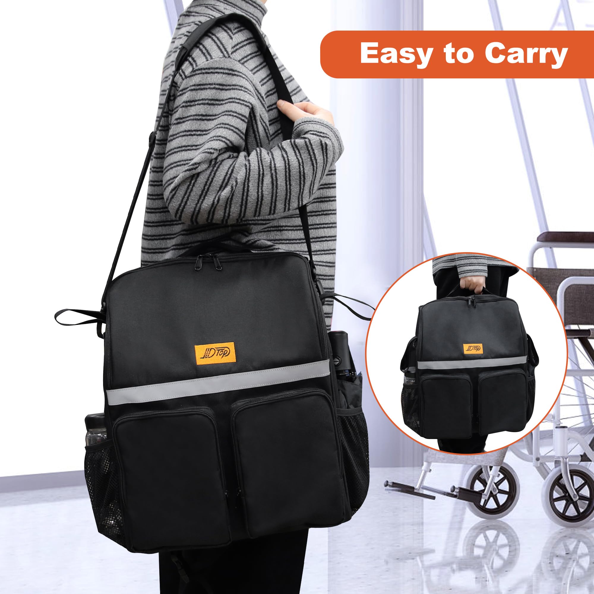 Mochila para silla de ruedas, bolsas para colgar en la parte posterior para usuarios de sillas de ruedas, bolsa impermeable para accesorios de silla de ruedas con tiras reflectantes (negro)