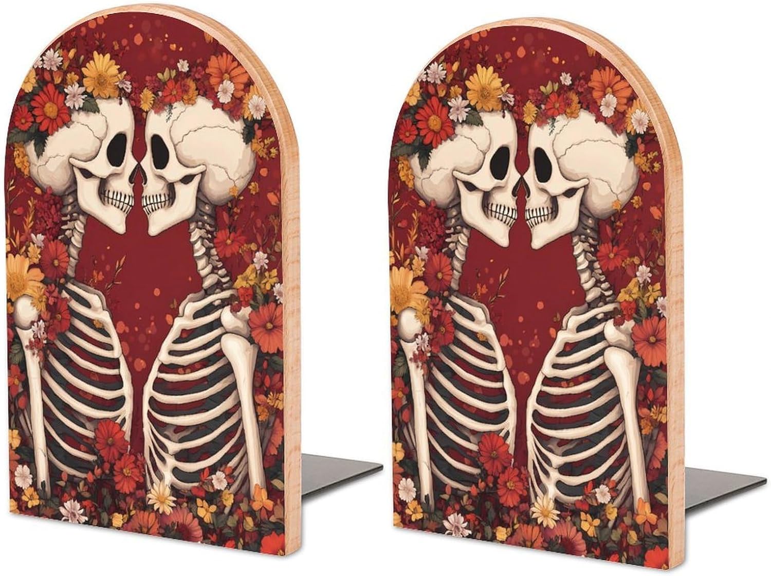 Skeletons Lovers Cute Wood Book Ends Decorative Bookends 1 Pair Non-Skid for Shelves Home Office 7 X 5 Inch