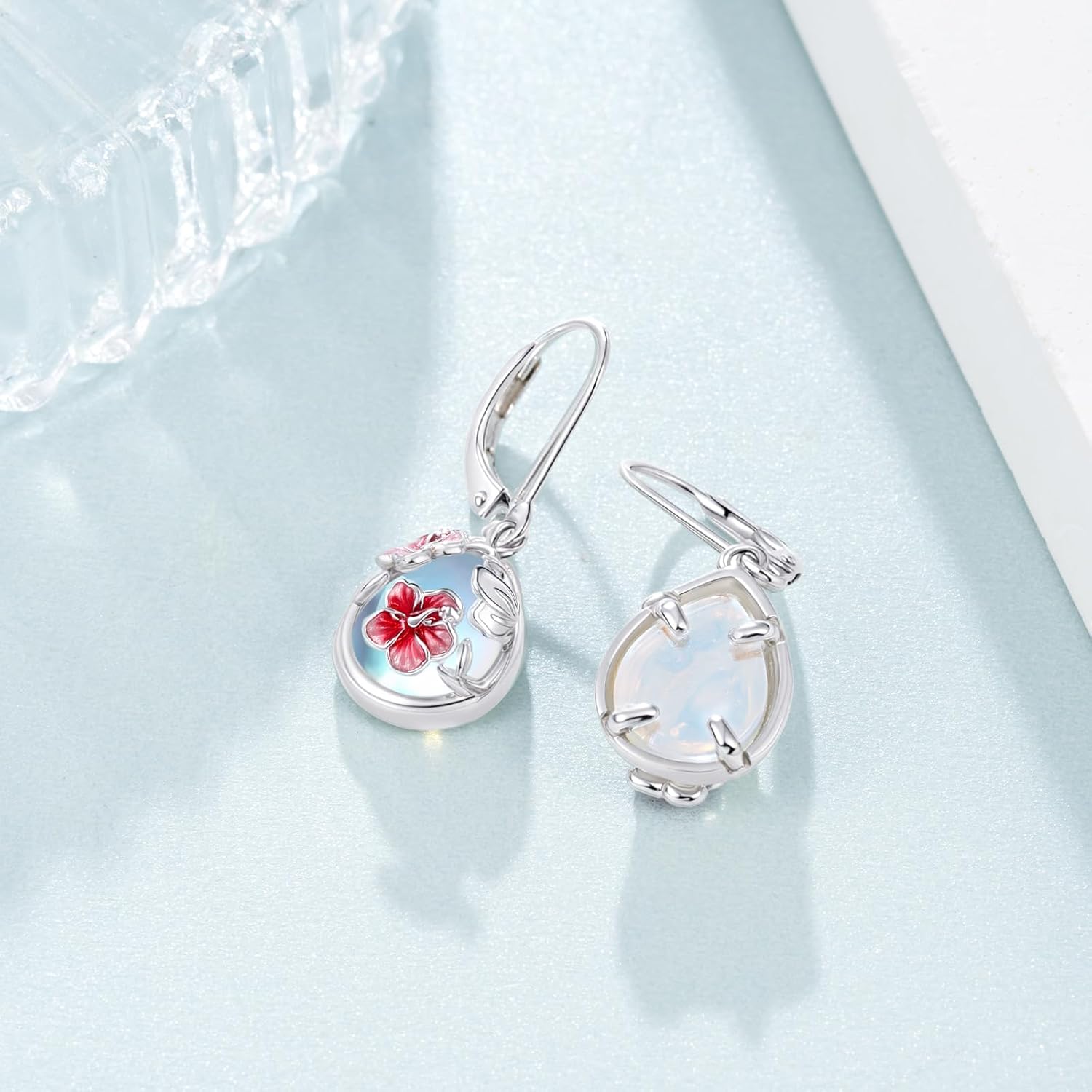 Hibiscus Earrings 925 Sterling Silver Moonstone Hibiscus Earrings Flower Jewelry Gifts for Women - Image 3