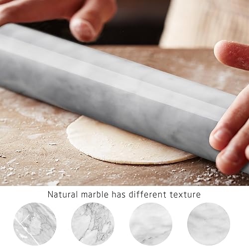 Miniatura 7 de Rodillo de mármol con soporte, 15.7 pulgadas, piedra blanca, pulido francés, pesado, antiadherente, para galletas, pizza, pastelería, panadero, para