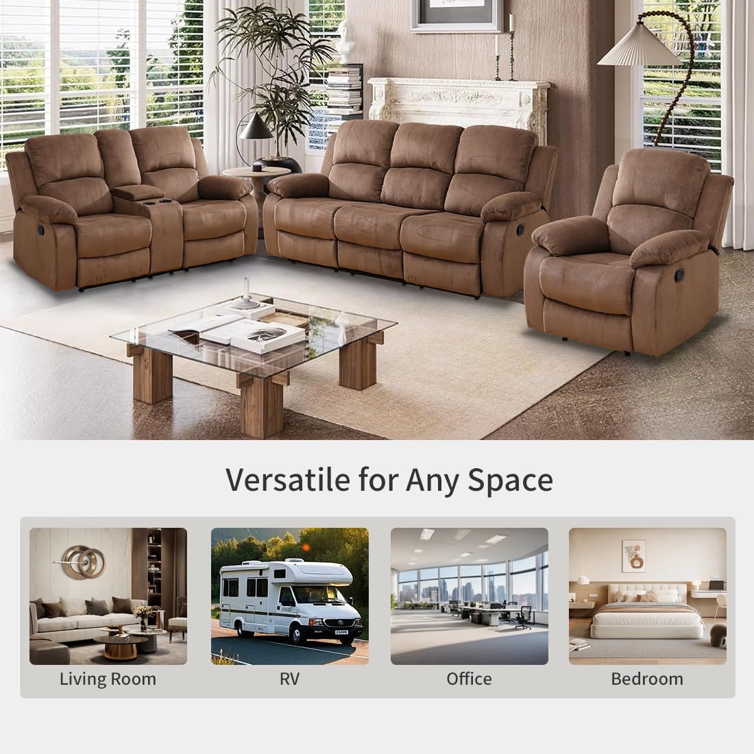 Toseslo Manual Reclining Couch Sofa Set with Drop-Down Table, 3 Pieces Brown Corduroy Recliner Couch Sets, Living Room Furniture Sets, Recliner Sofa with Storage Console/Cup Holder for Home/Apartment view 6