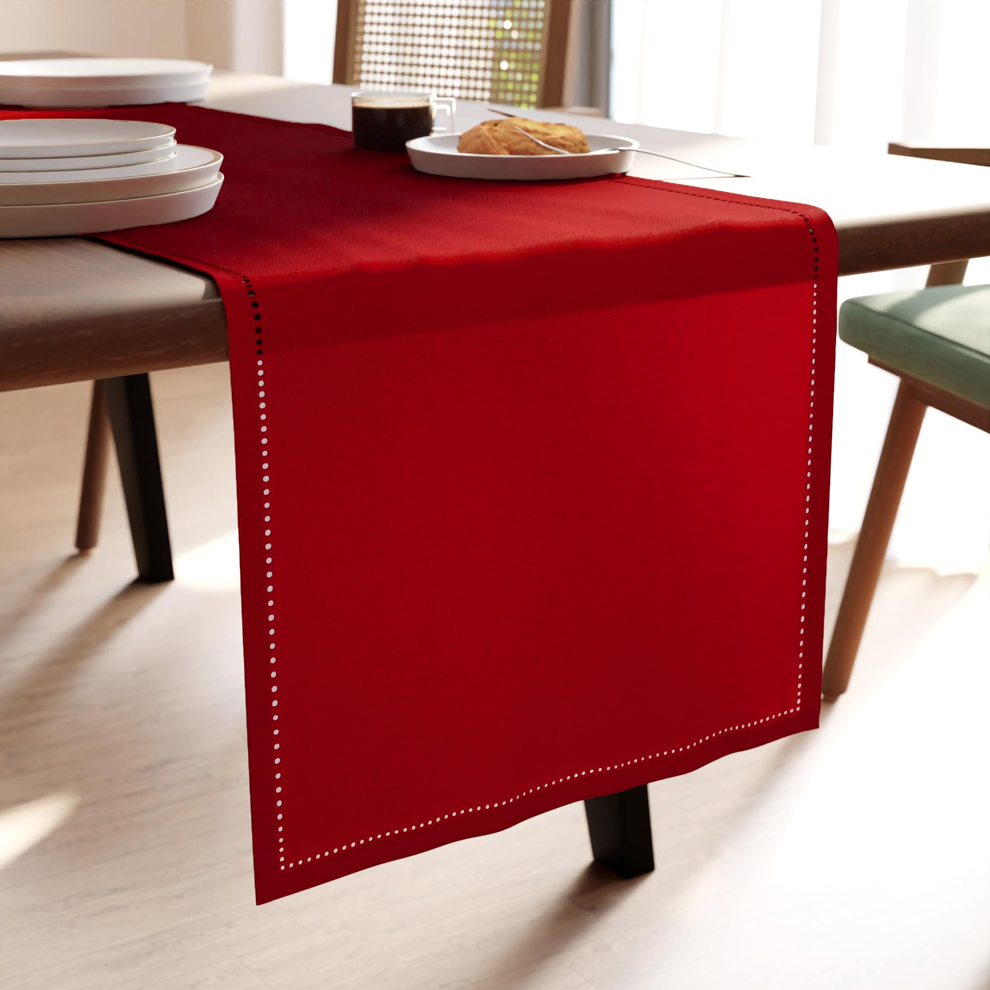 Encasa XO Camino de Mesa | Puro Algodón con Diseño Hilvanado | Tamaño 32x150 cm | Rojo - Lavable a Máquina