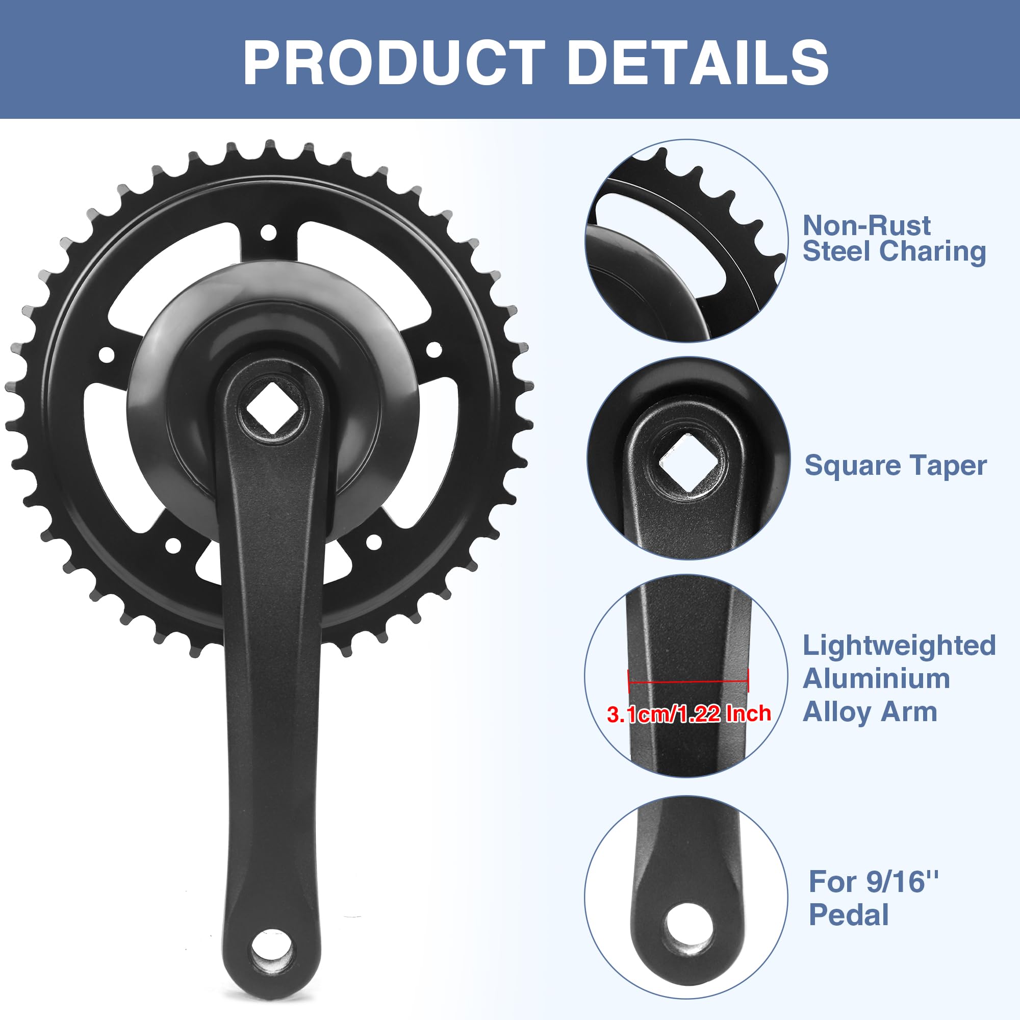 ZUKKA Tourney Pédalier de vélo 170 mm 38T/42T pour Single/1/6/7/8 vitesses Bras en alliage d'aluminium pour VTT Transmission carrée Noir/argenté