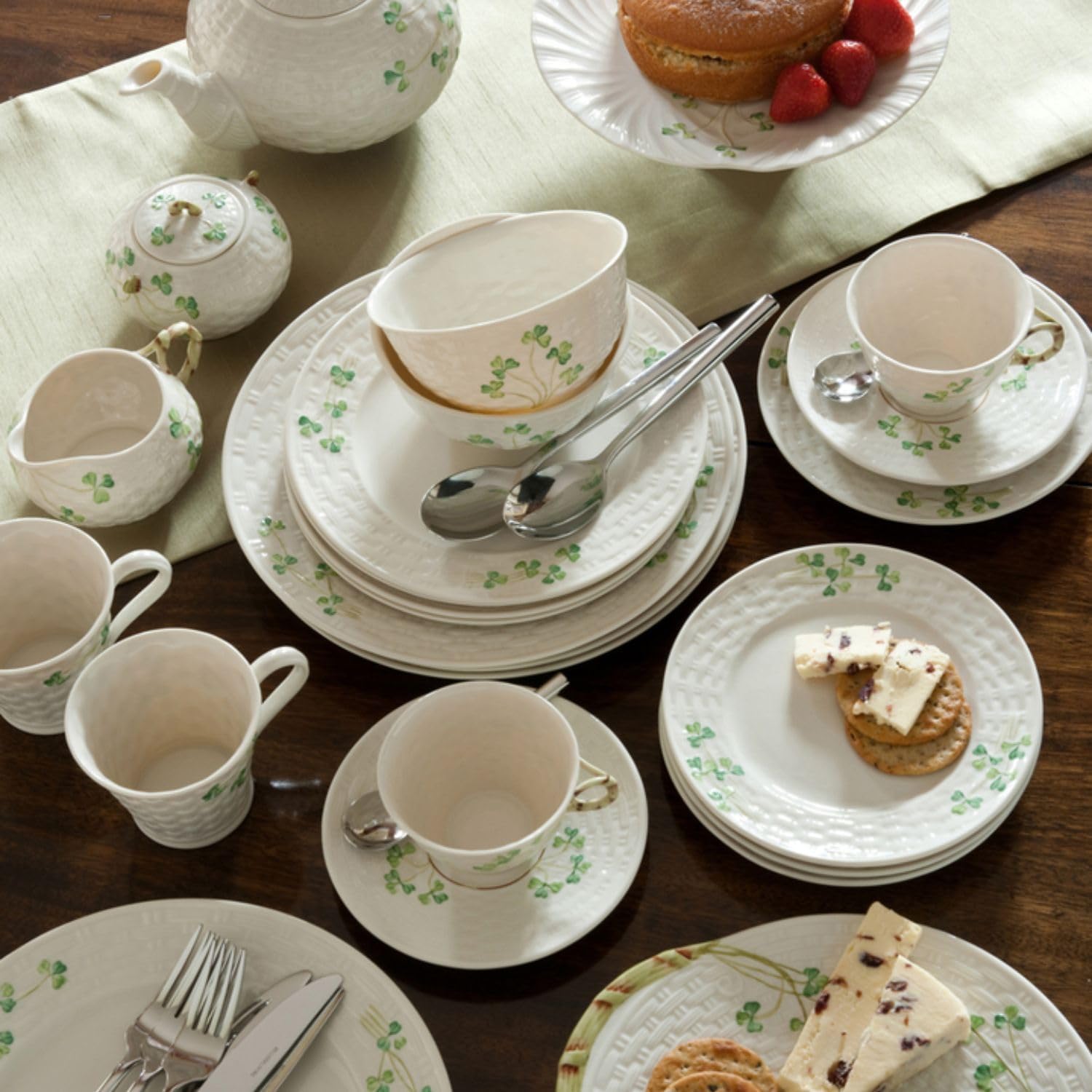 Belleek Classic Shamrock Tea Cup and Saucer Set - Collectible Irish Handmade Fine Parian China Set - Vintage Inspired Teacup and Saucer - Microwave Safe Porcelain Ceramic Tea Set - 6 fl oz