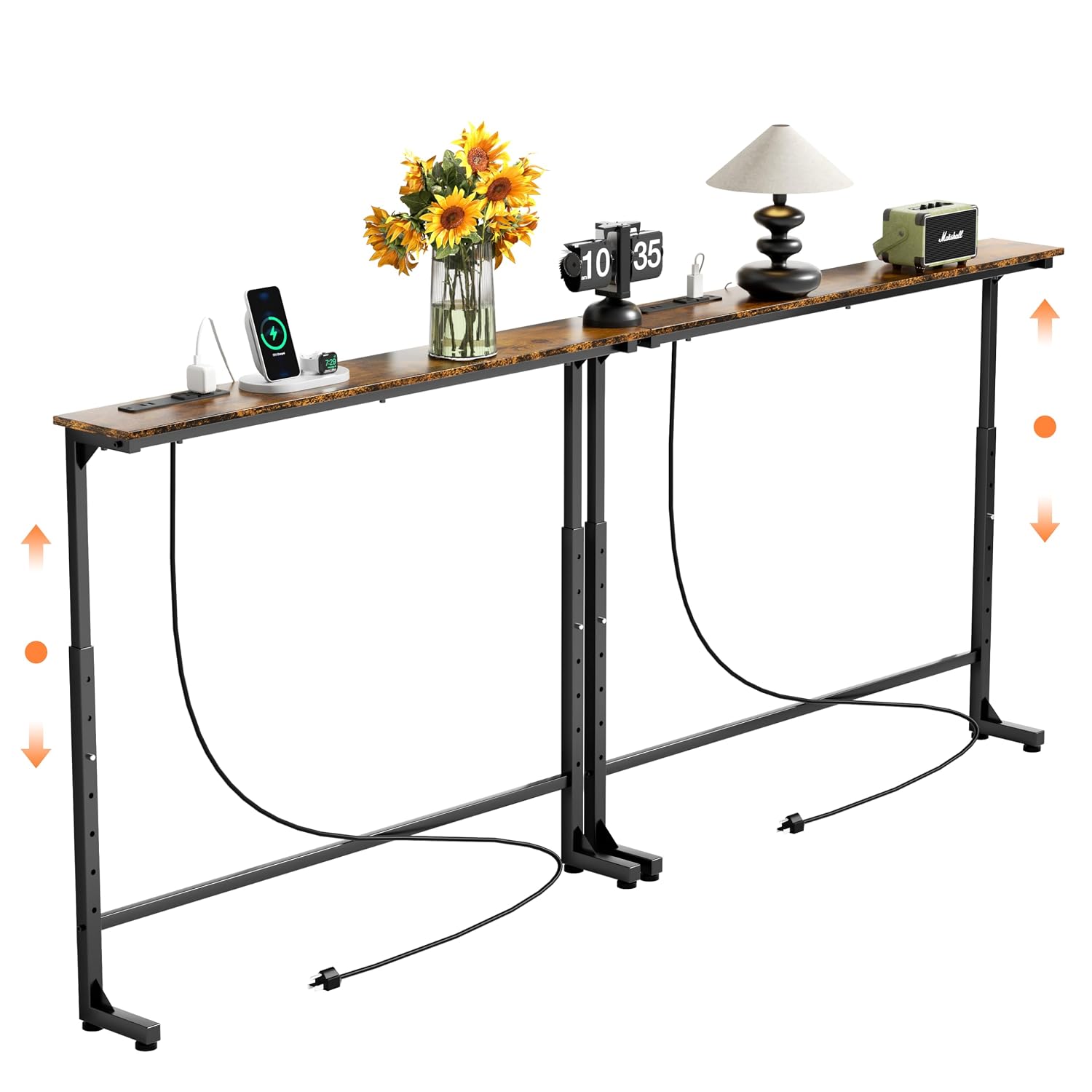 GRLEAF 2 Pack Adjustable Height Narrow Console Table with Power Outlets, 90" Long Sofa Table with Charging Station Behind ...