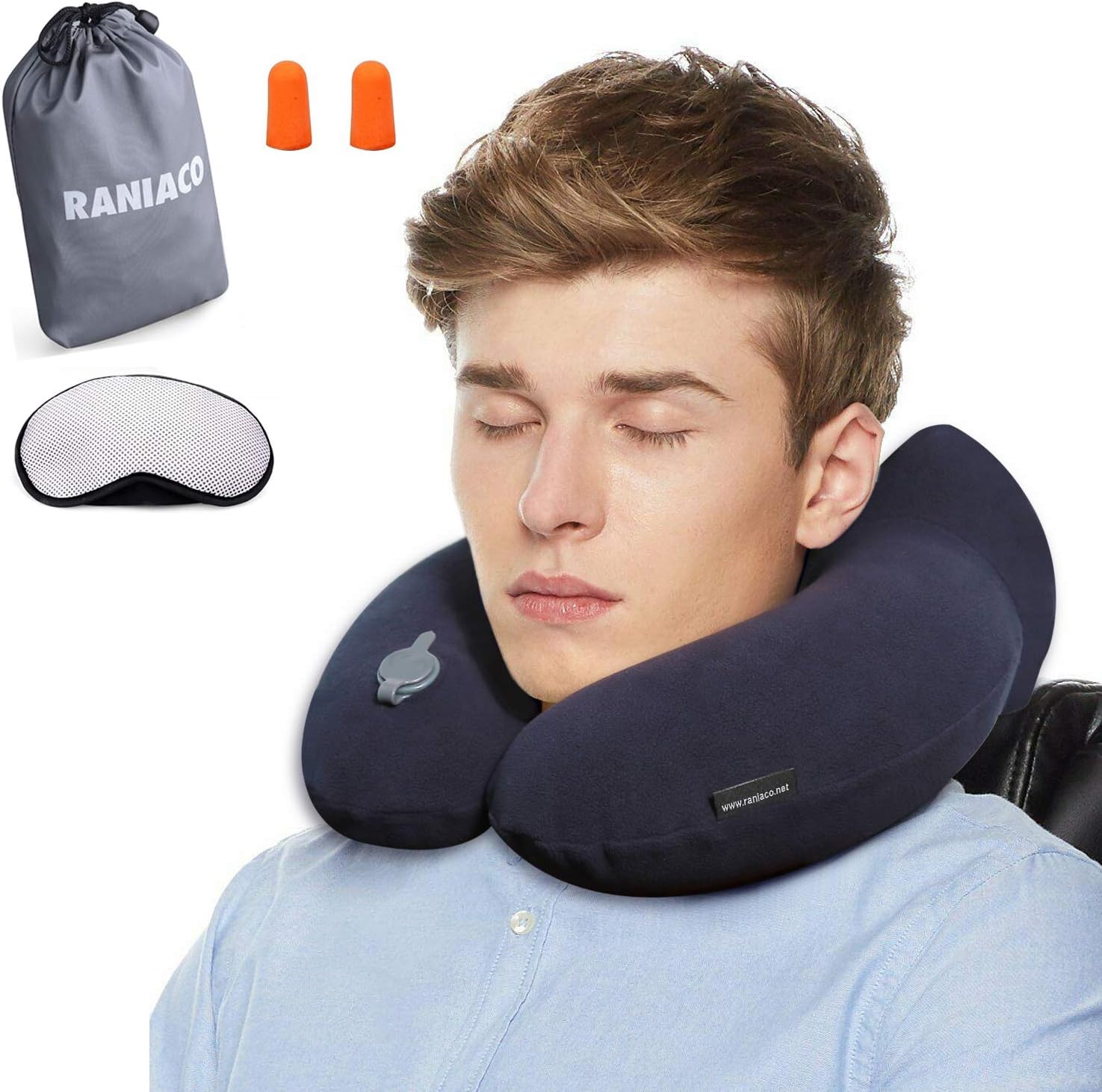 RANIACO Travel Pillow, Neck Pillow U type Inflatable Pillow with Storage Pouch Eye Mask and Ear Plugs, Sleeping Portable Lumbar Head Support Cushion for Airplane (Dark Blue)