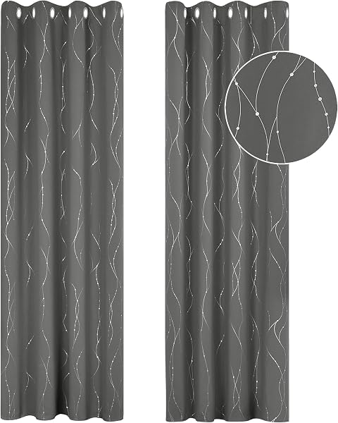 Deconovo Decorative Silver Dotted Line Foil Printed Blackout Curtains Thermal Insulated Curtains Eyelet Curtains for Baby Nursery 52 x 54 Inch Light Grey 2 Panels - 1