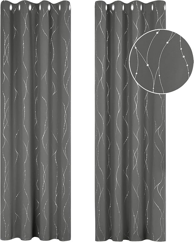 Deconovo Decorative Silver Dotted Line Foil Printed Blackout Curtains Thermal Insulated Curtains Eyelet Curtains for Baby Nursery 52 x 54 Inch Light Grey 2 Panels
