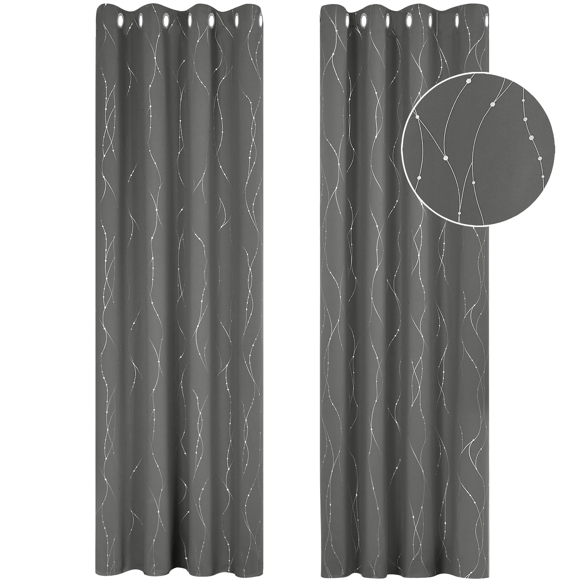 Deconovo Decorative Silver Dotted Line Foil Printed Blackout Curtains Thermal Insulated Curtains Eyelet Curtains for Baby Nursery 52 x 54 Inch Light Grey 2 Panels - 1