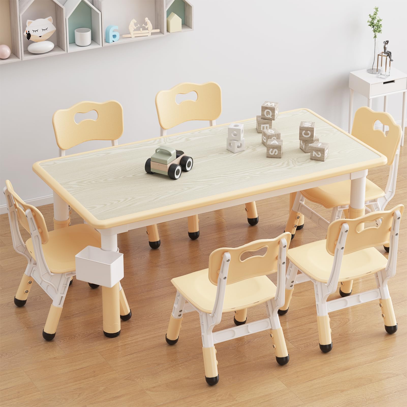 CuteHairy Kids Table with 6 Chairs – Adjustable Height Children's Table Chair Set, Wipe-Clean Art Desktop & Storage, Toddler Table and Chairs for Ages 2–10, Ideal for Home & Classroom – Yellow
