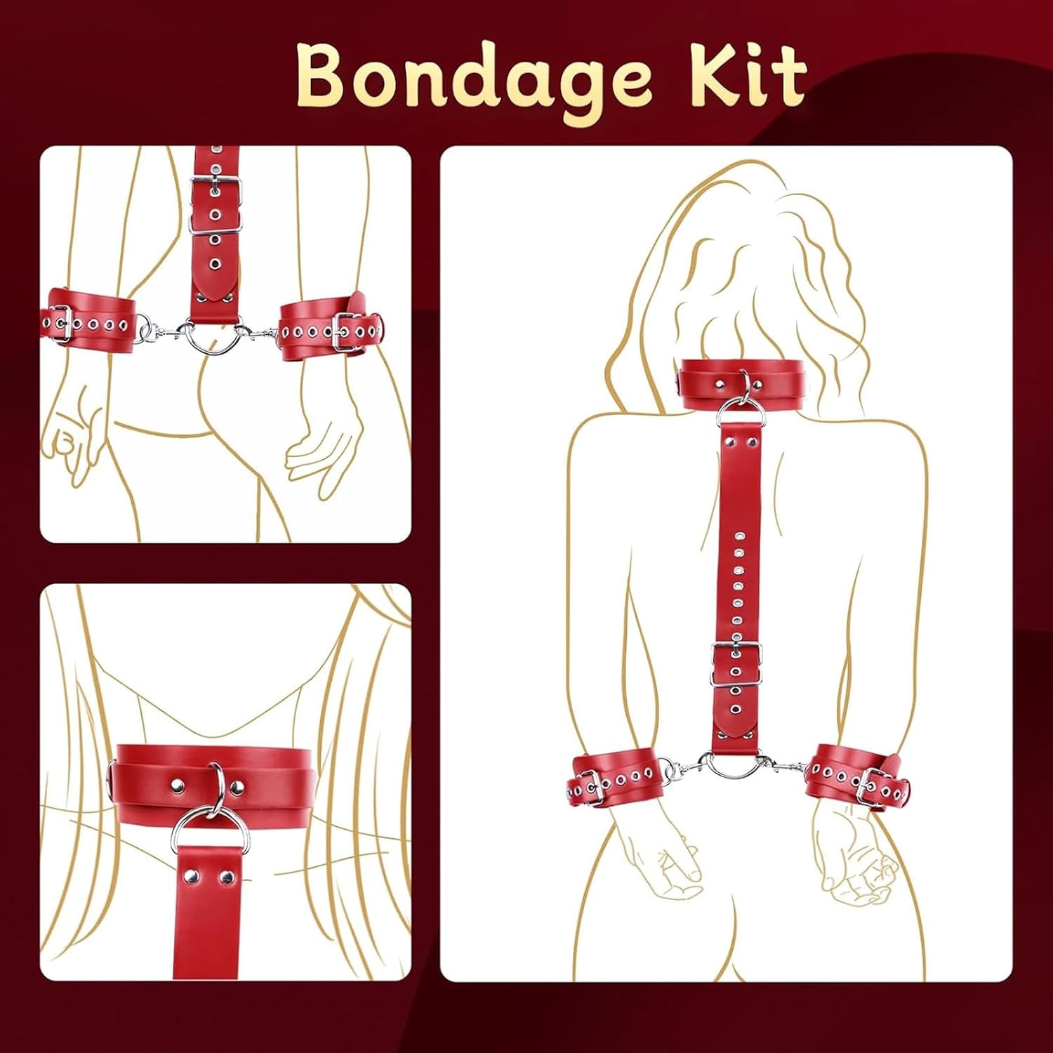 BDSM Restraint Set - PU Soft Leather Restraint Straps with Adjustable Buckles, Wrist/Ankle Restraints, Collar, Leash. Ideal for Beginner Couples, Roleplay, and Bondage Play Sex Toys Couples' Intimate