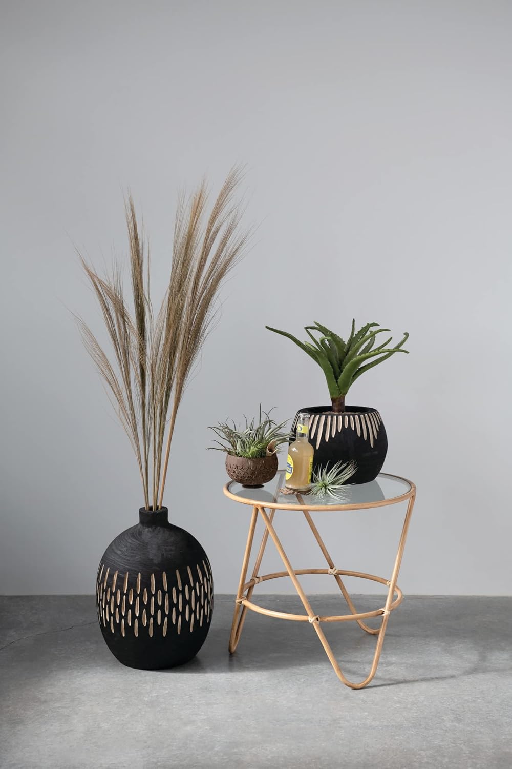 Creative CoOp Metal BambooStyle Glass Top Table, Brown