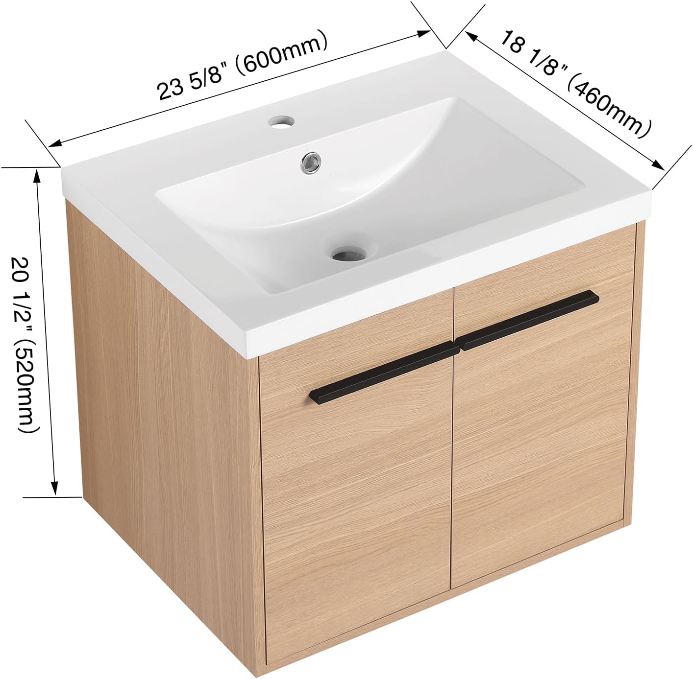 24" Floating Bathroom Vanity With Sink, Modern Wall Mounted Cabinet With Undermount Resin Sink, Single Small Vanity, Storage W/ 2 Doors and Shelf, Soft-Close, Oak
